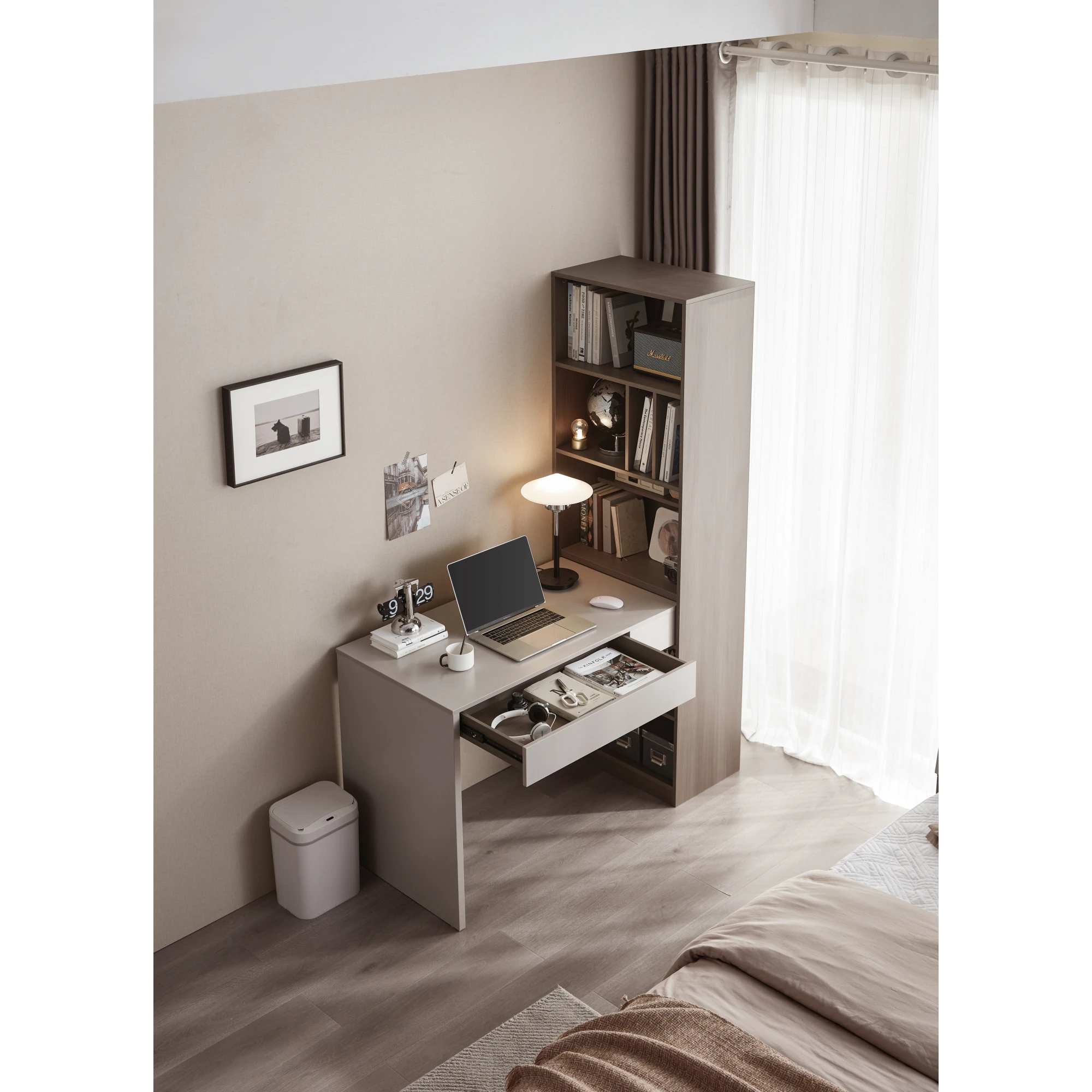 Linspire Rena Desk with Bookcase, Natural Wood & Light Grey