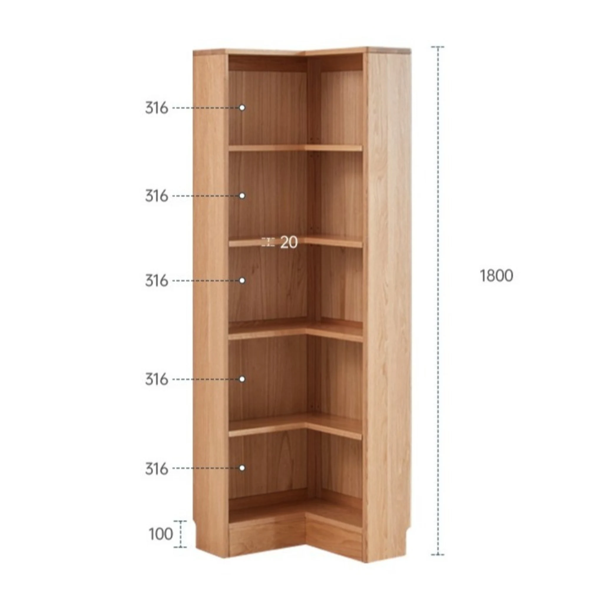 Solidwood Pittsburgh Corner Bookcase, 55x55x180cm, Natural Wood