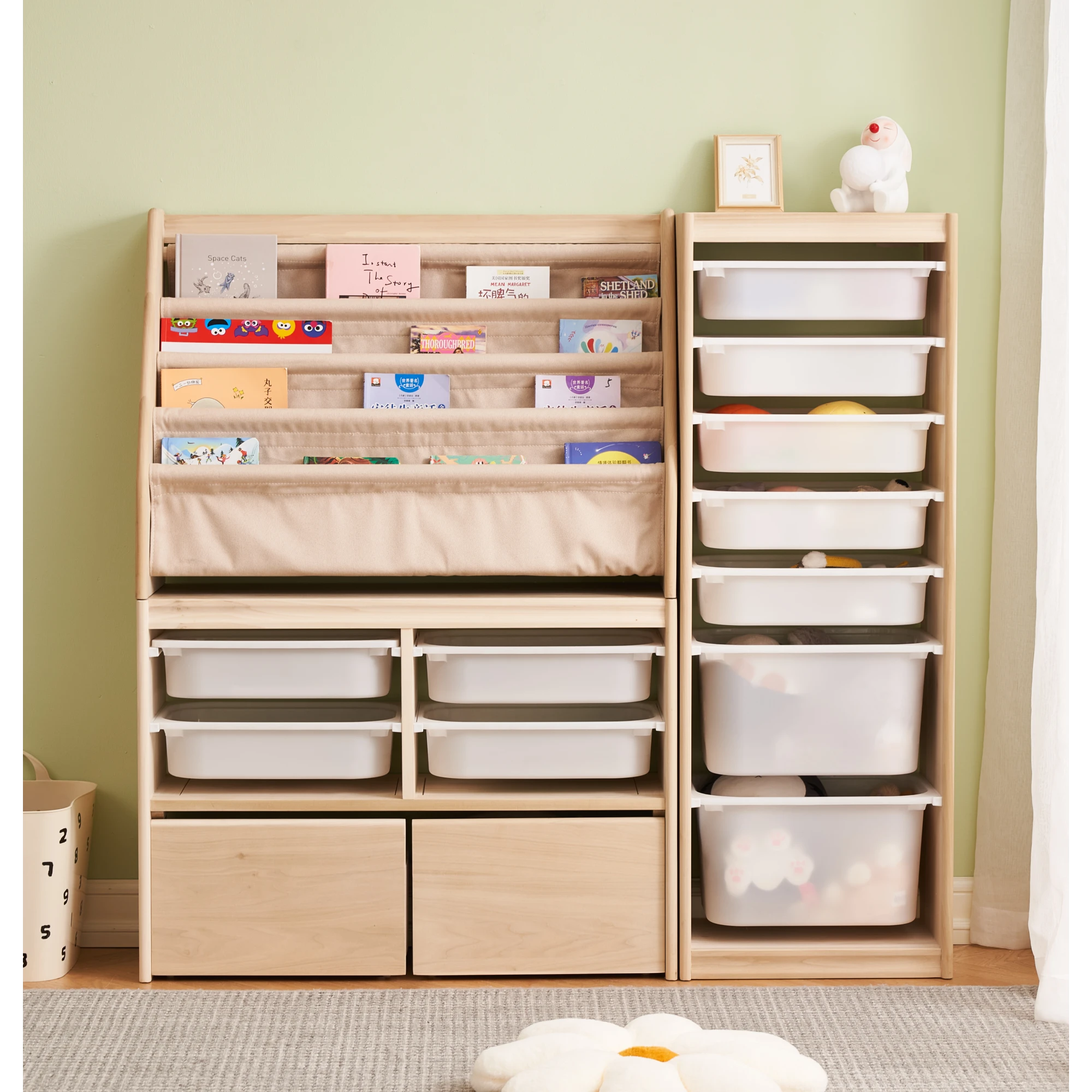 Solidwood Mio Kids Bookshelf + Toy Storage Combination with 2 Drawers, Set of 3