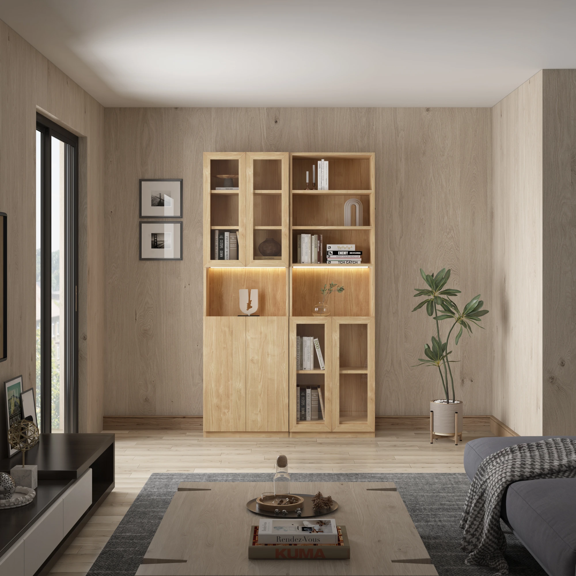 Loft Kiri Bookcase with 2 Glass Doors, 60cm, Natural Wood