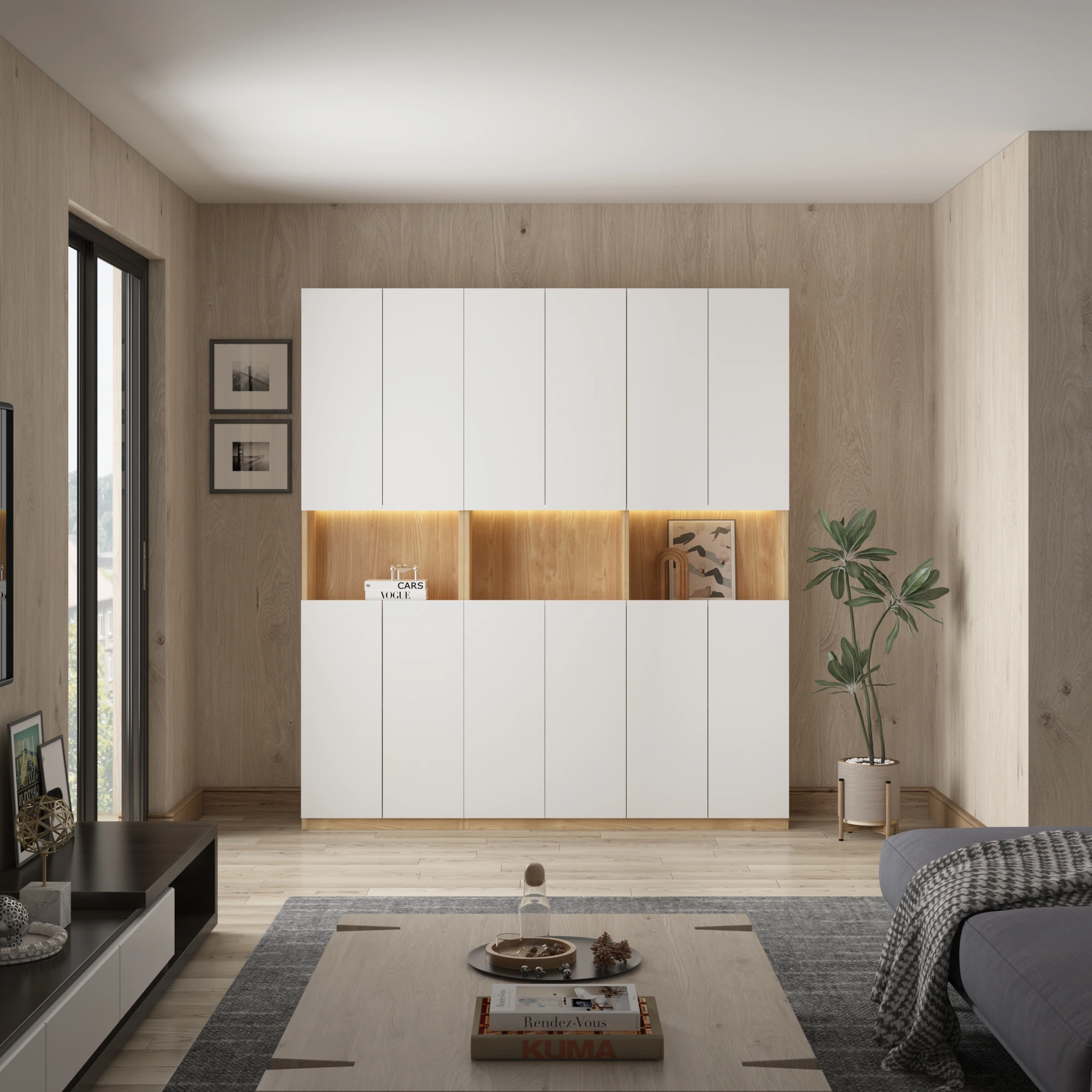 Loft Kiri Bookcase with 4 Doors, 60cm, White & Natural Wood