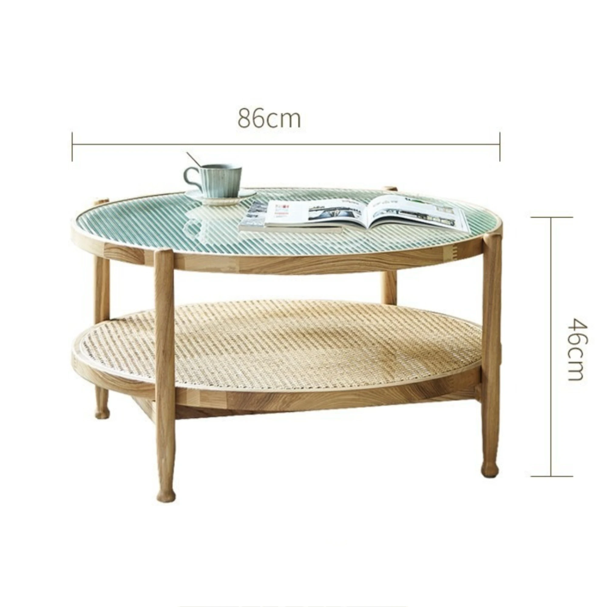 BohoBoho Verus Solid Wood & Rattan Ripple Coffee Table, Natural Wood, 86x46cm
