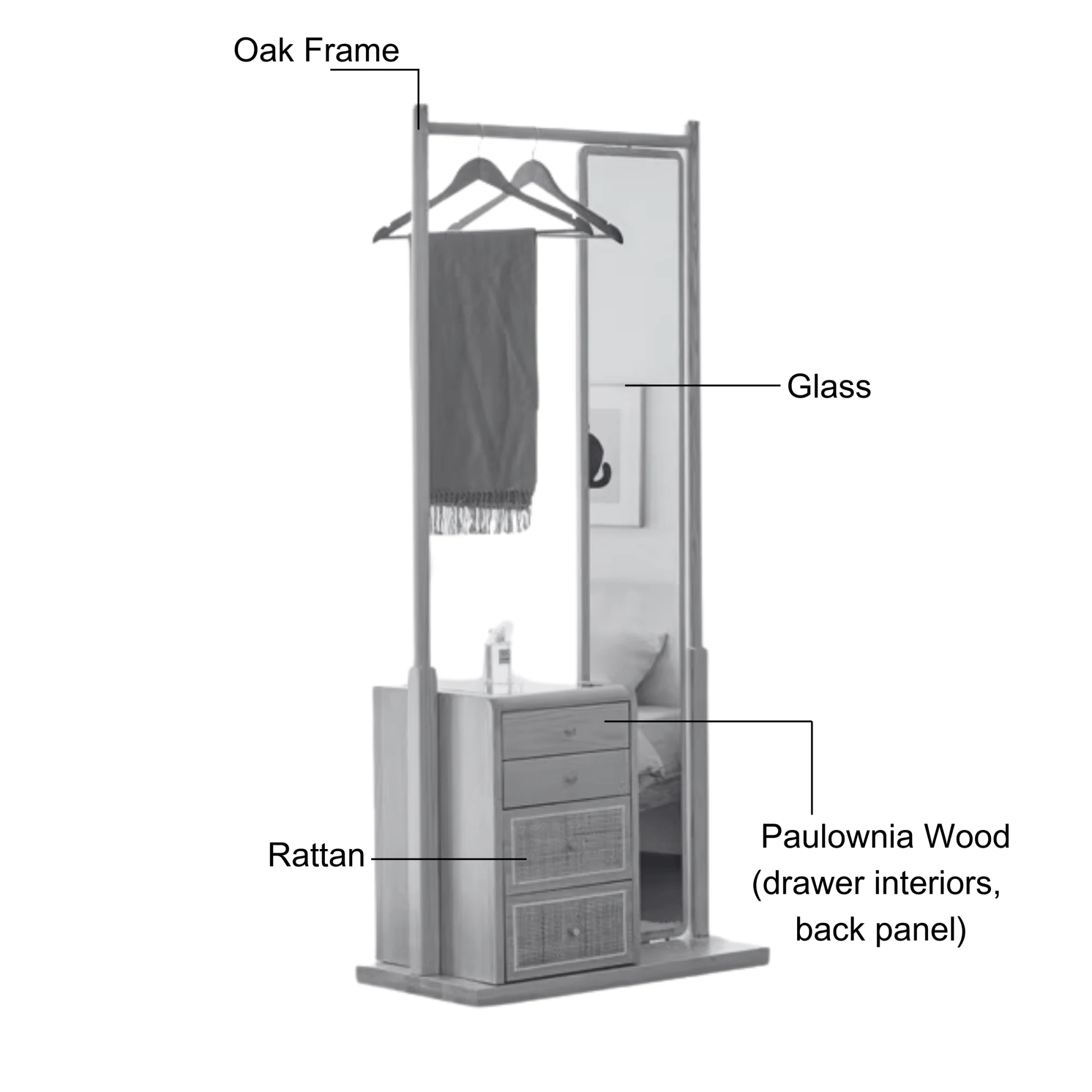 Solidwood Calamo Clothes Rack with Mirror & Drawer Unit, Natural Wood