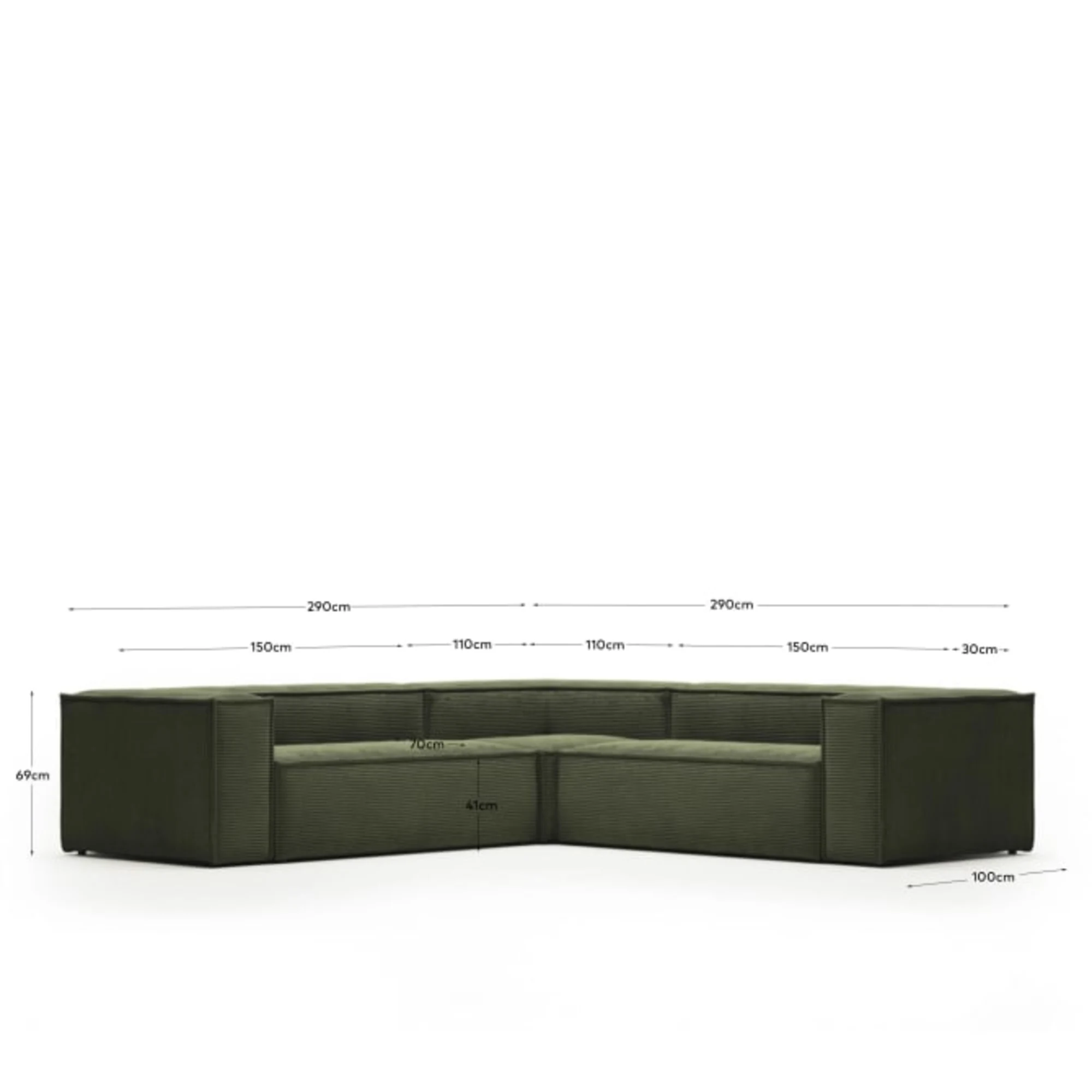 Kave Home Blok 4-Seat Corner Sofa, Corduroy, 290x290cm, Green