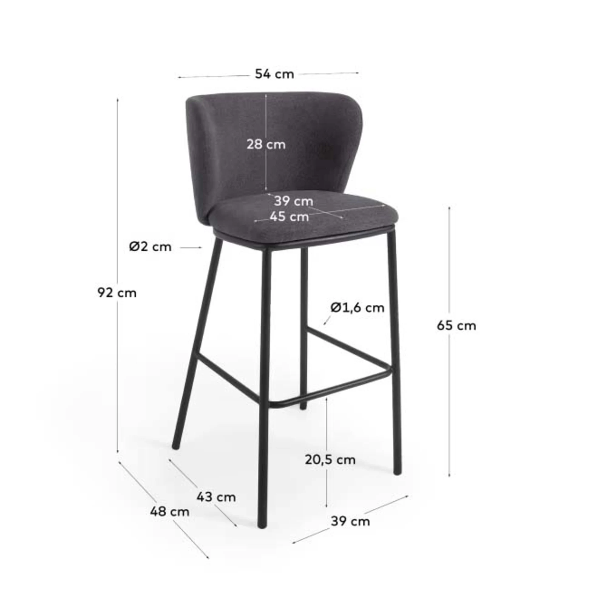 Kave Home Ciselia Chenille Bar Stool, Dark Grey