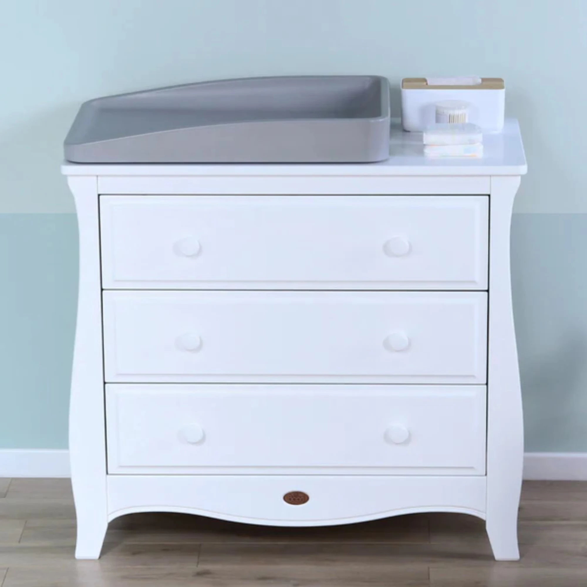Boori Sleigh Kids 3 Drawer Chest Smart Assembly, Barley White