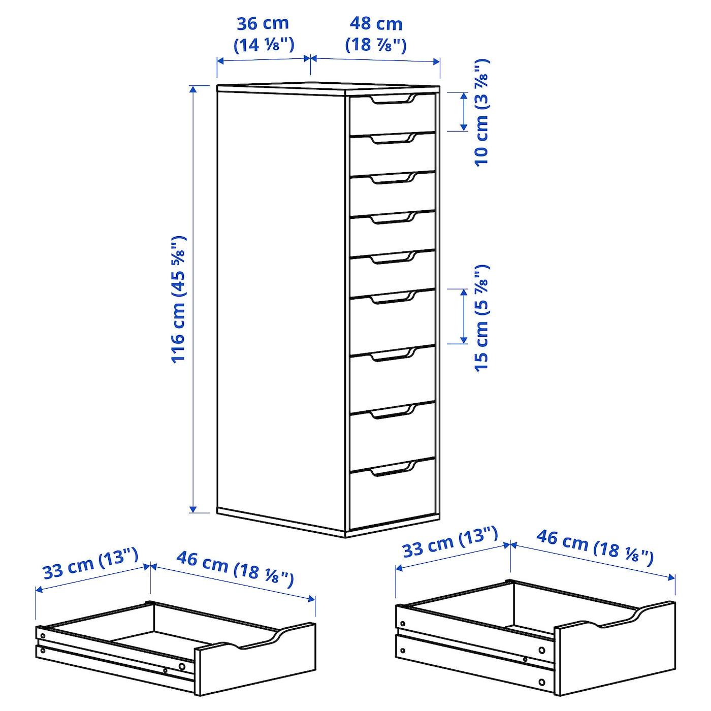 IKEA ALEX Drawer unit with 9 drawers, White, 36x116cm
