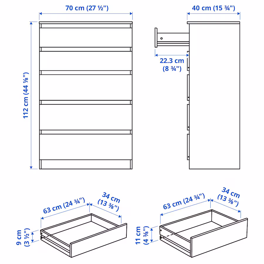 IKEA KULLEN Chest of 5 Drawers, White, 70x112cm