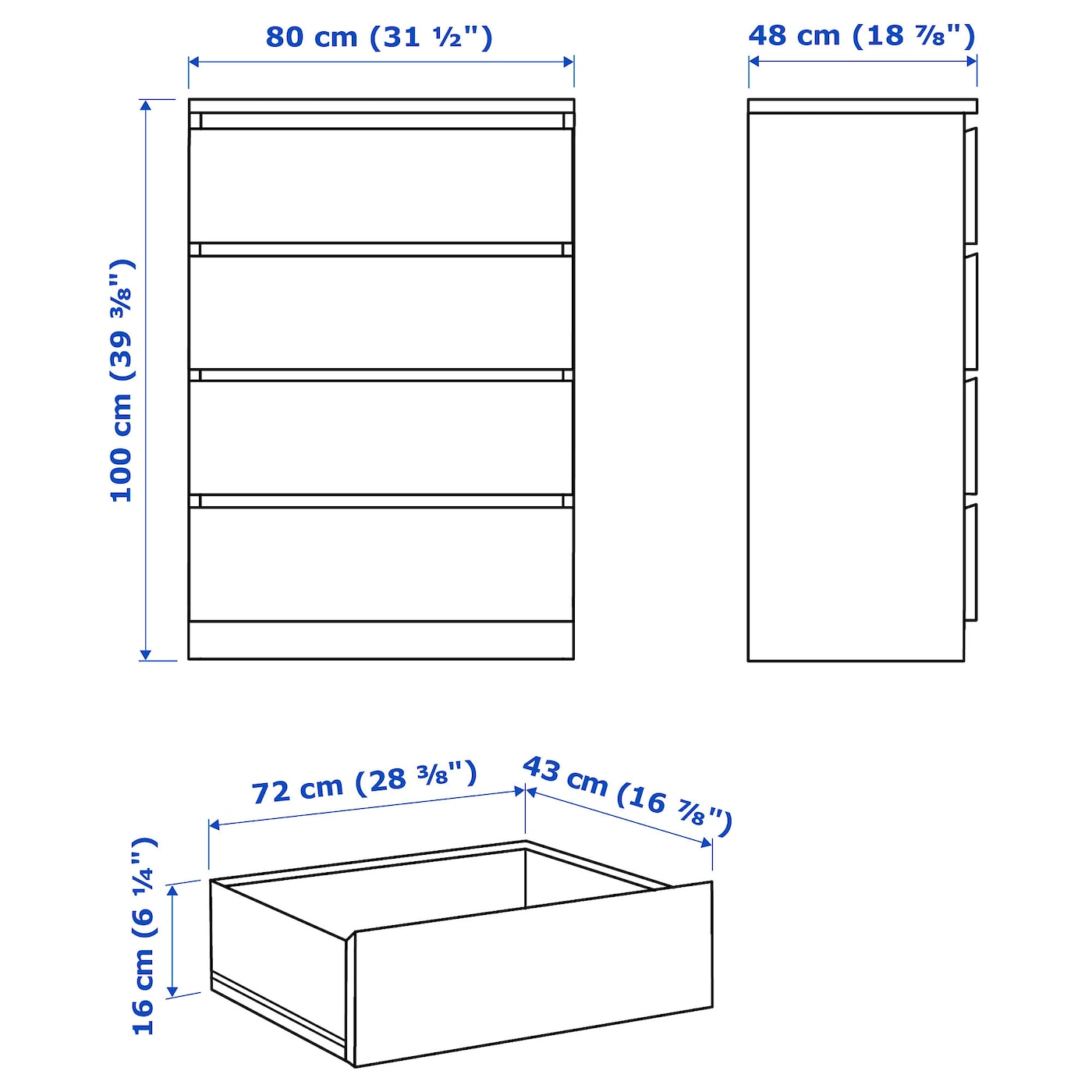 IKEA MALM Chest of 4 Drawers 80x100cm White