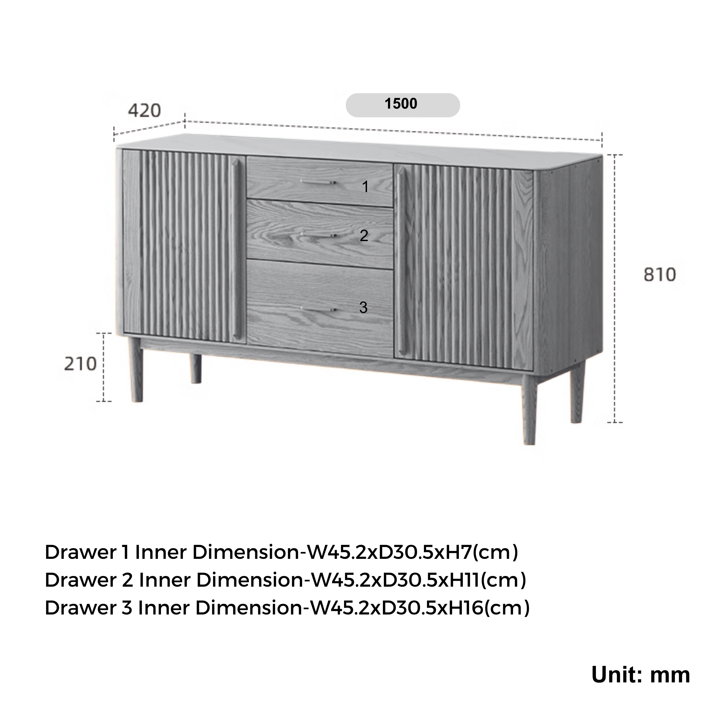 Solidwood Santa Rosa Sideboard with Sintered Stone Top, 150x42x81cm, Natural Wood