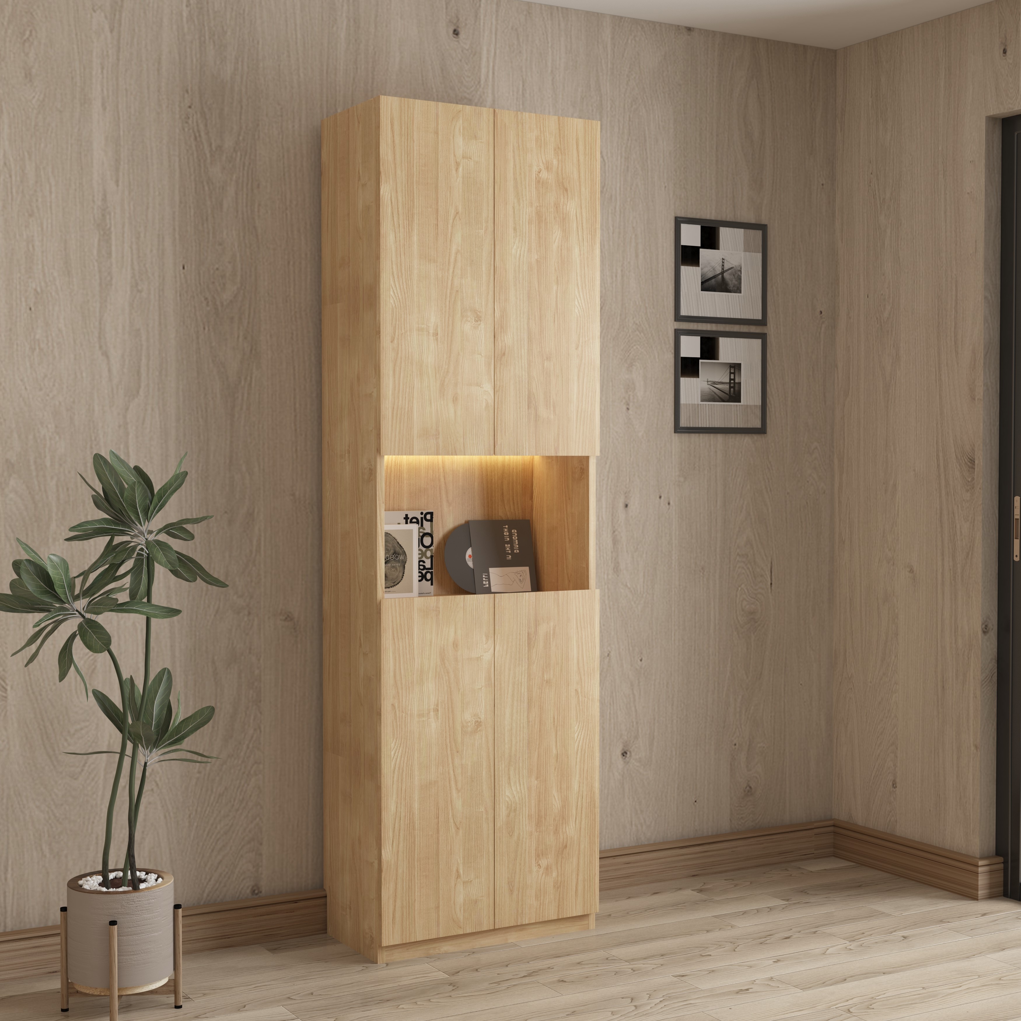 Loft Kiri Bookcase with 4 Doors, 60cm, Natural Wood