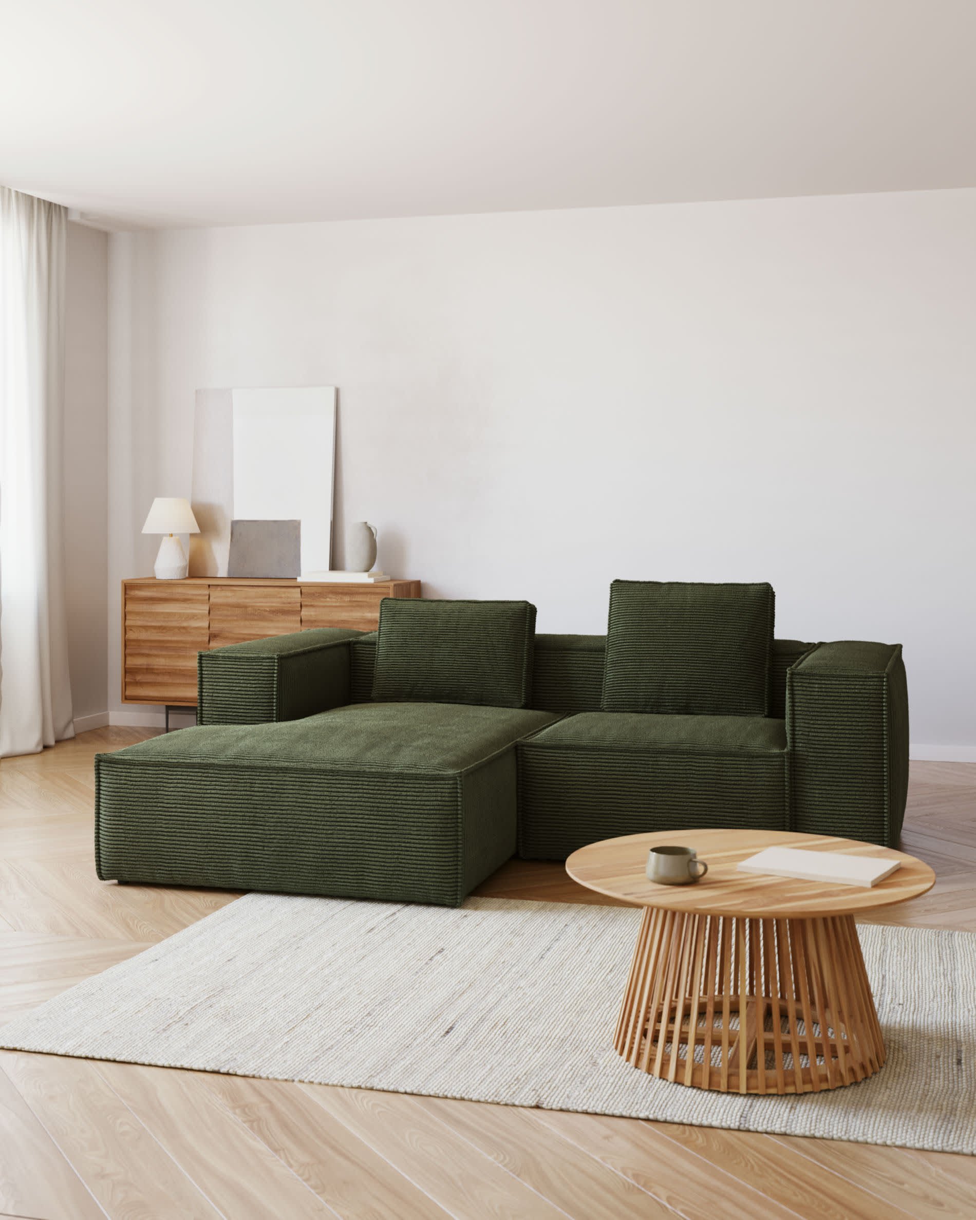 Kave Home Blok 2-Seat Modular Sofa with Left Chaise, Corduroy, Green