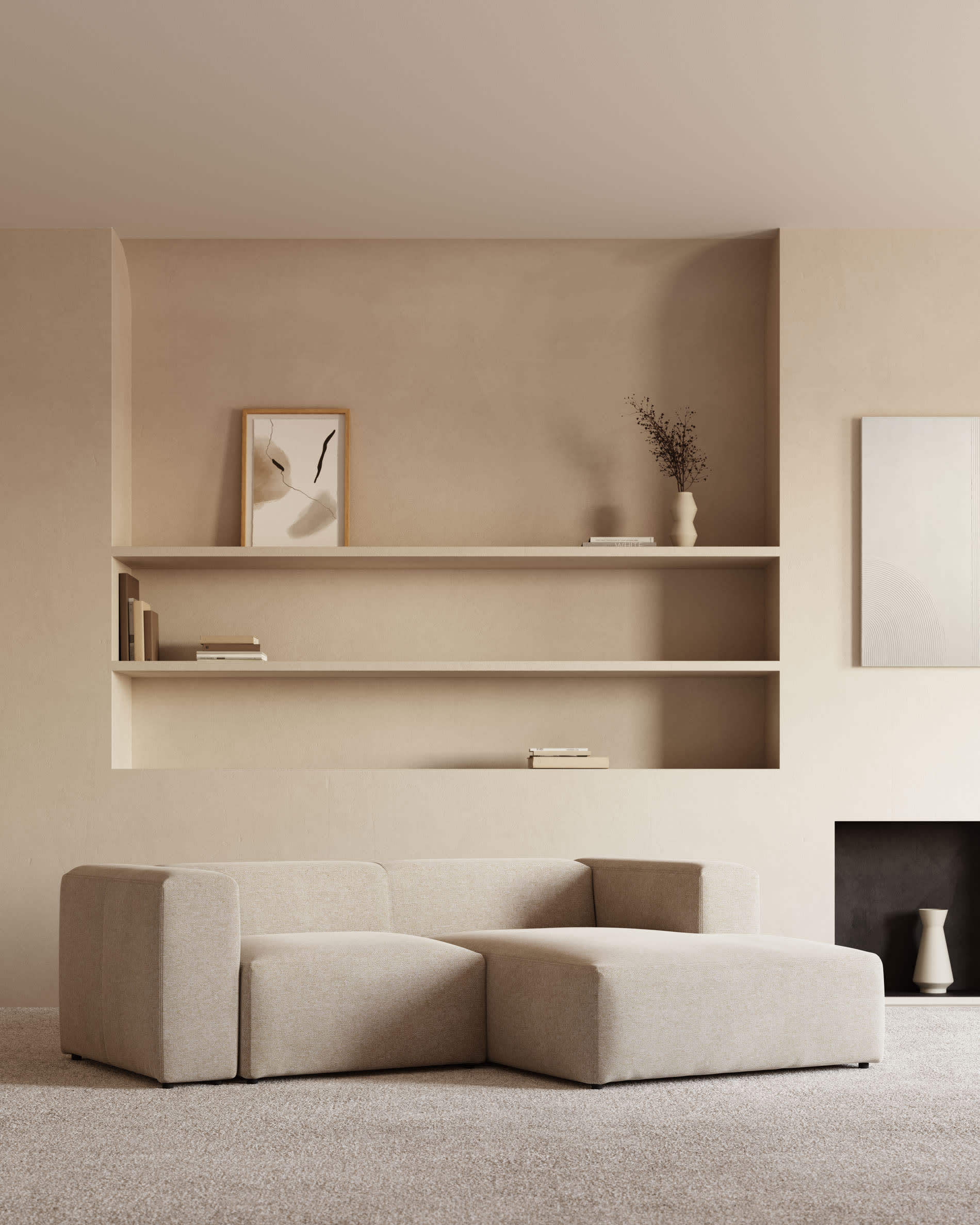Kave Home Blok 2-Seat Modular Sofa with Right Chaise, Beige