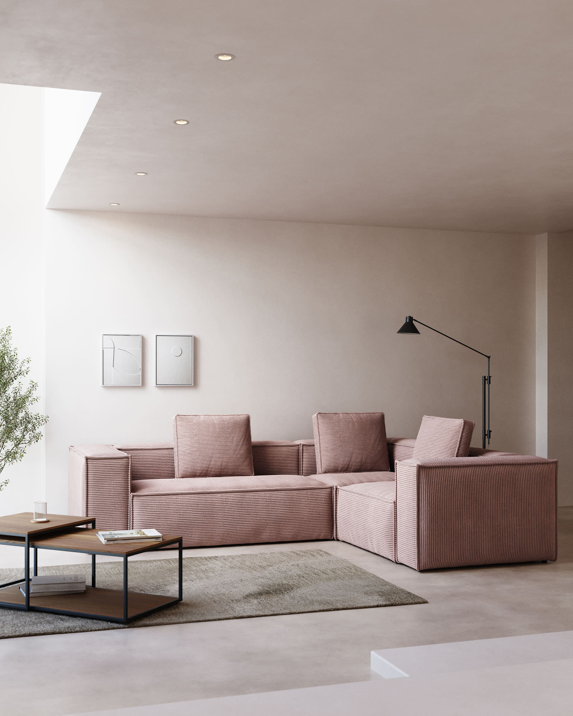 Kave Home Blok 3-Seat Corner Sofa, Corduroy, Pink