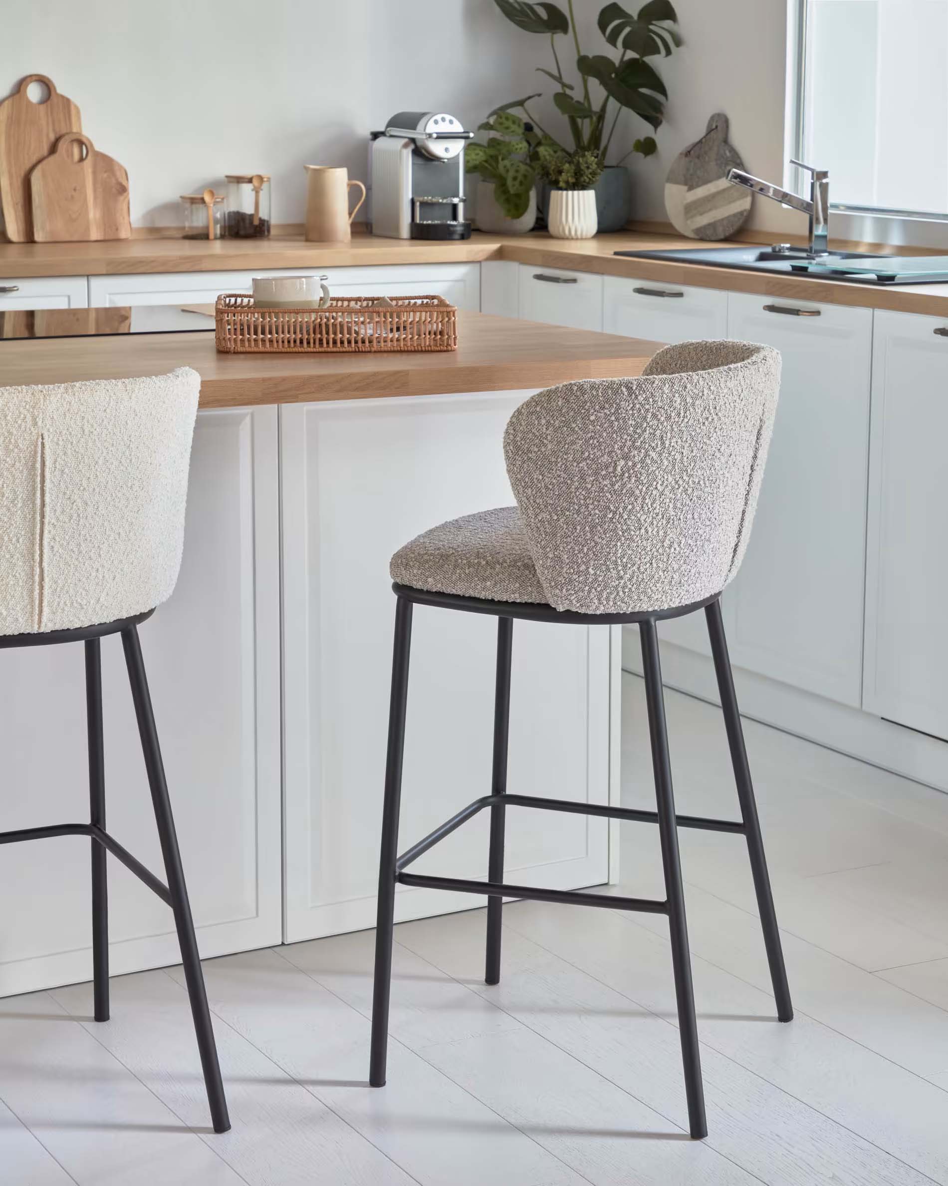 Kave Home Ciselia Shearling Bar Stool, Grey, 77cm