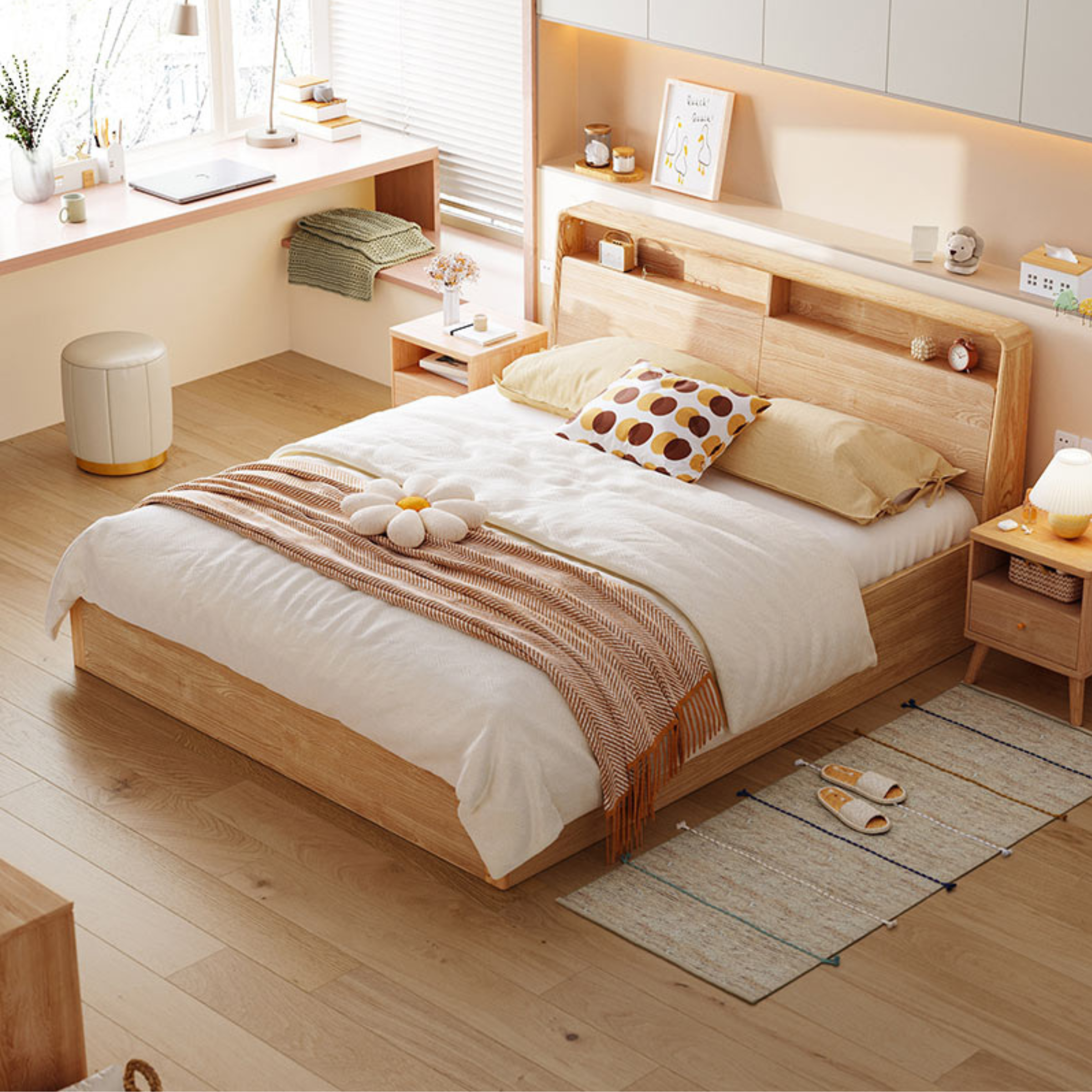 Linspire Aspire Global Queen Bed Frame with Storage, Natural Wood