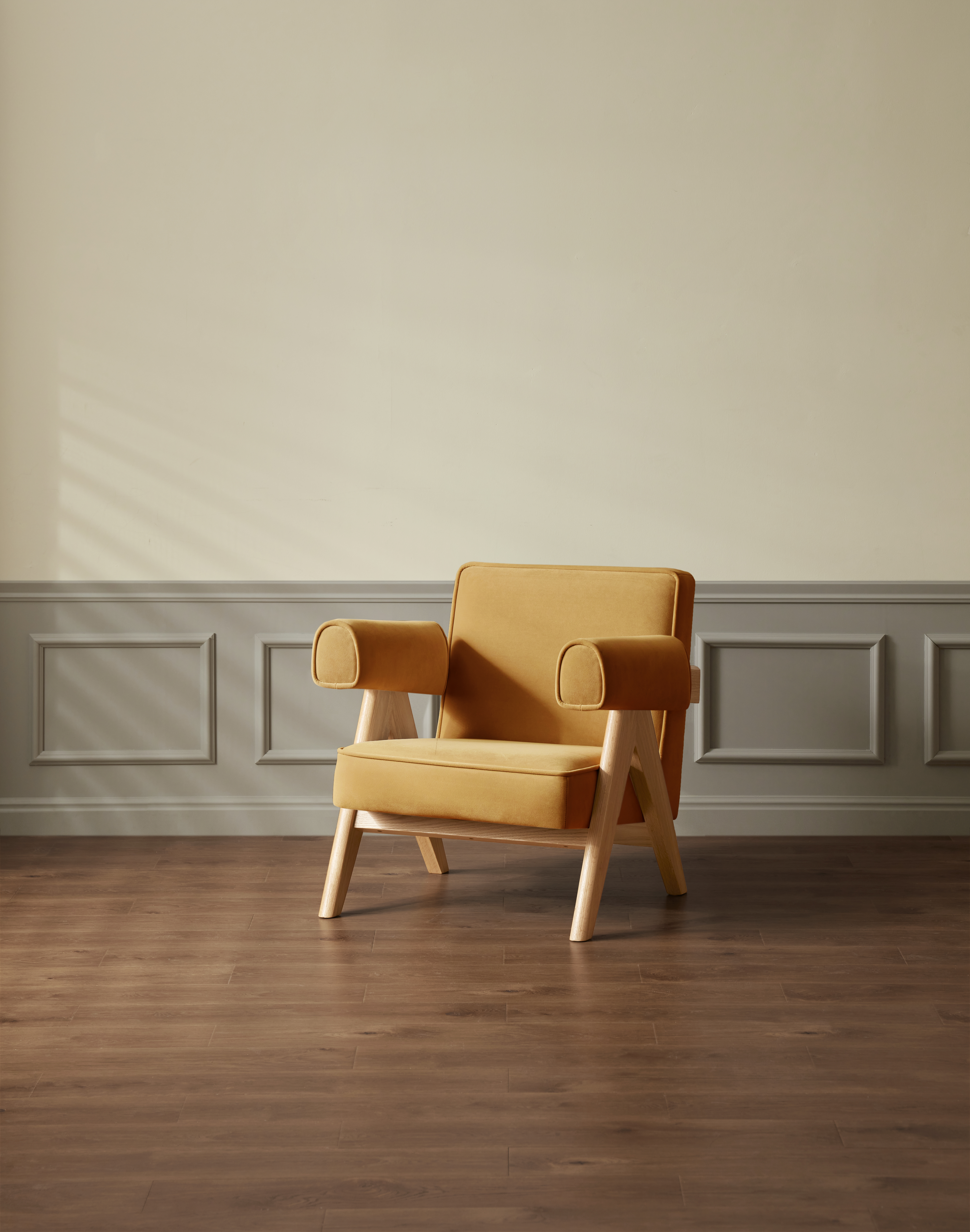 Solidwood Amber Flannelette Armchair, Yellow & Natural Wood