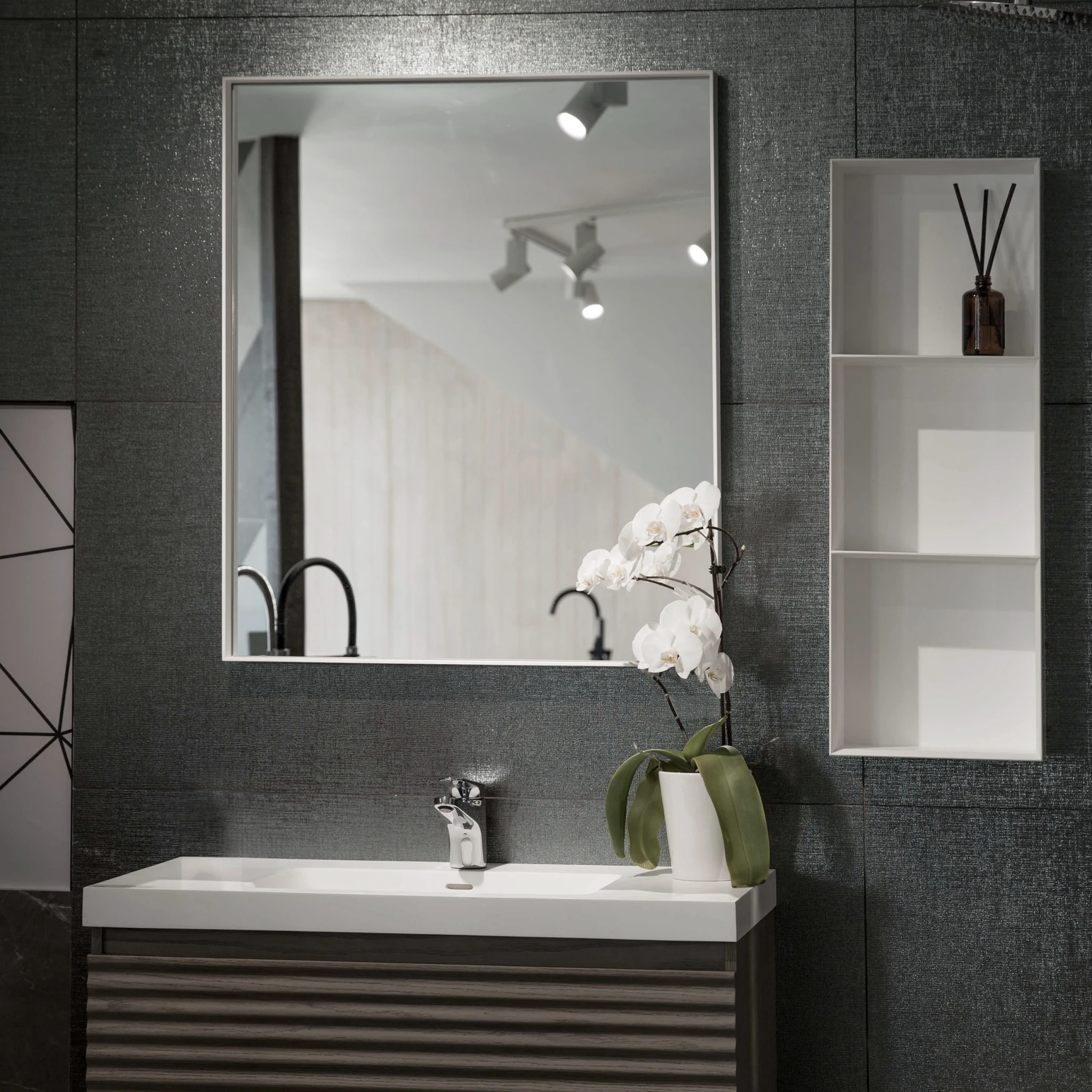 Aruvo Cstone Rectangle Composite Stone Bathroom Mirror White 90cm