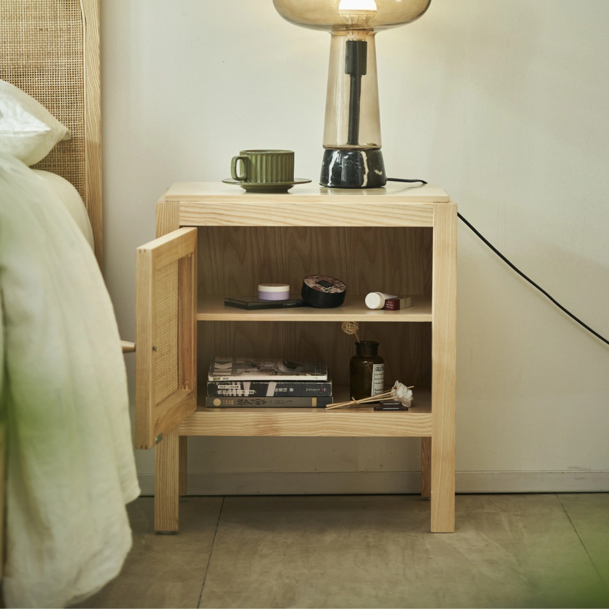 BohoBoho Costa Solid Wood & Rattan Bedside Table, Natural Wood, 50x45x57cm