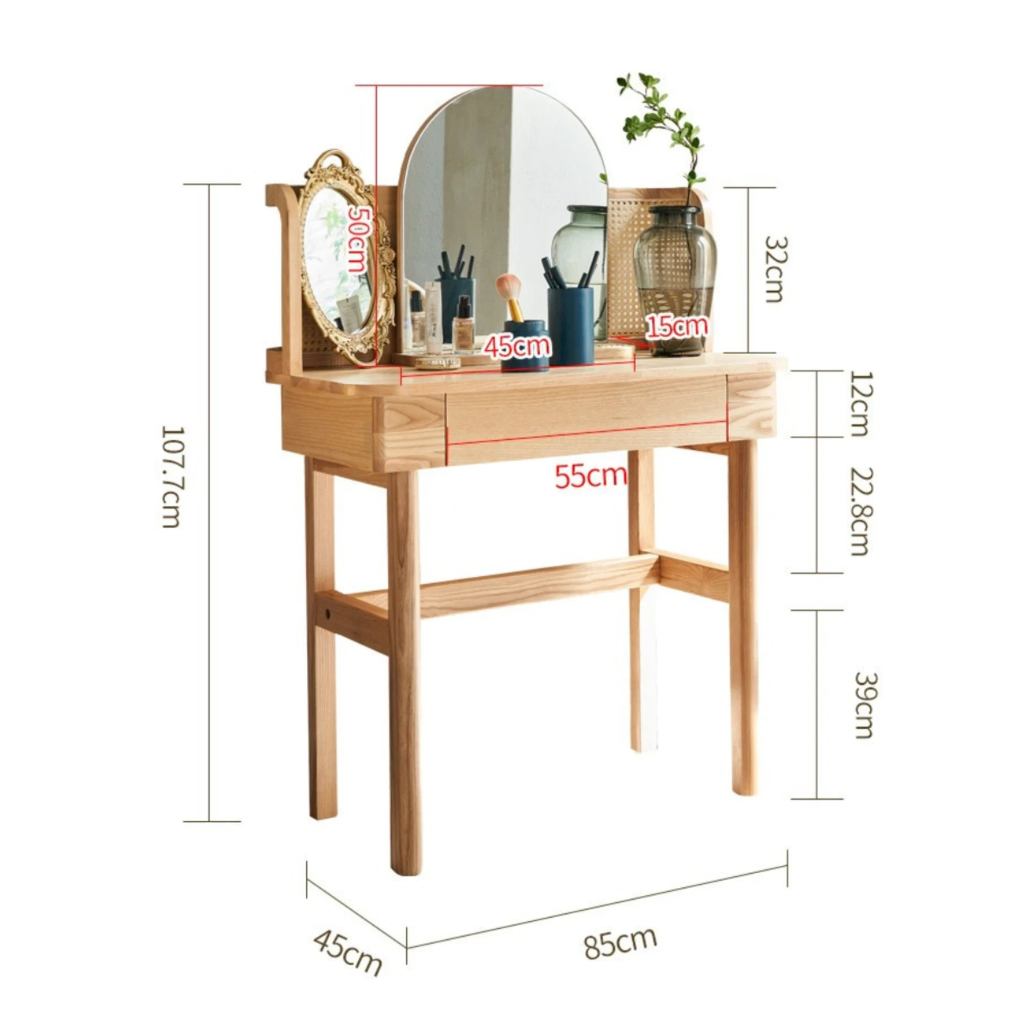 BohoBoho Costa Solid Wood & Rattan Dressing table, Natural Wood, 85x45x107.7cm