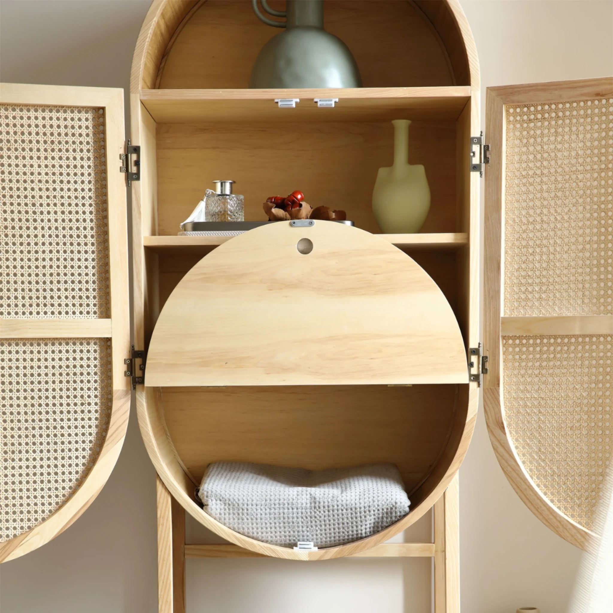 BohoBoho Costa Solid Wood & Rattan Oval Cabinet, Natural Wood, 65x35x161cm