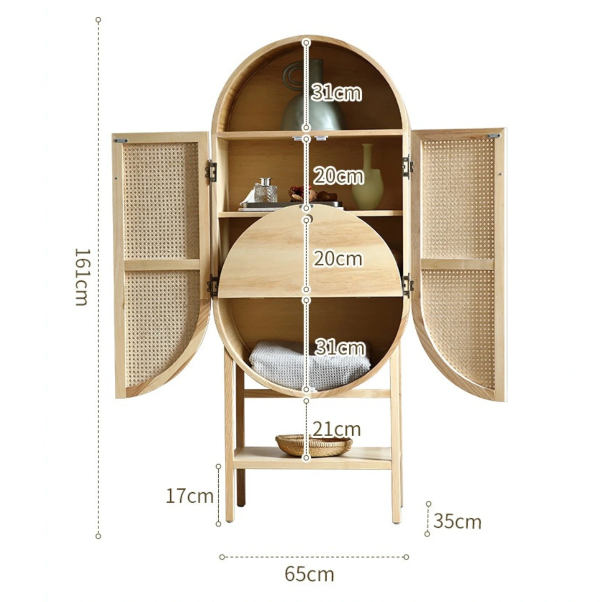 BohoBoho Costa Solid Wood & Rattan Oval Cabinet, Natural Wood, 65x35x161cm
