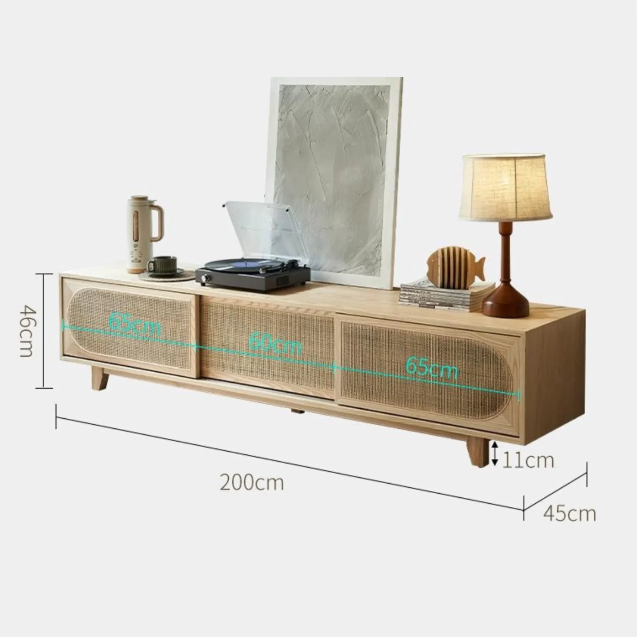 BohoBoho Costa Solid Wood & Rattan TV unit, Natural Wood, 200x45x46cm