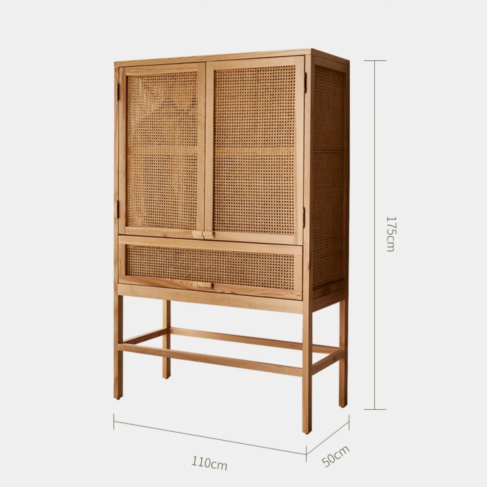 BohoBoho Costa Solid Wood & Rattan Wardrobe, Natural Wood, 110x50x175cm