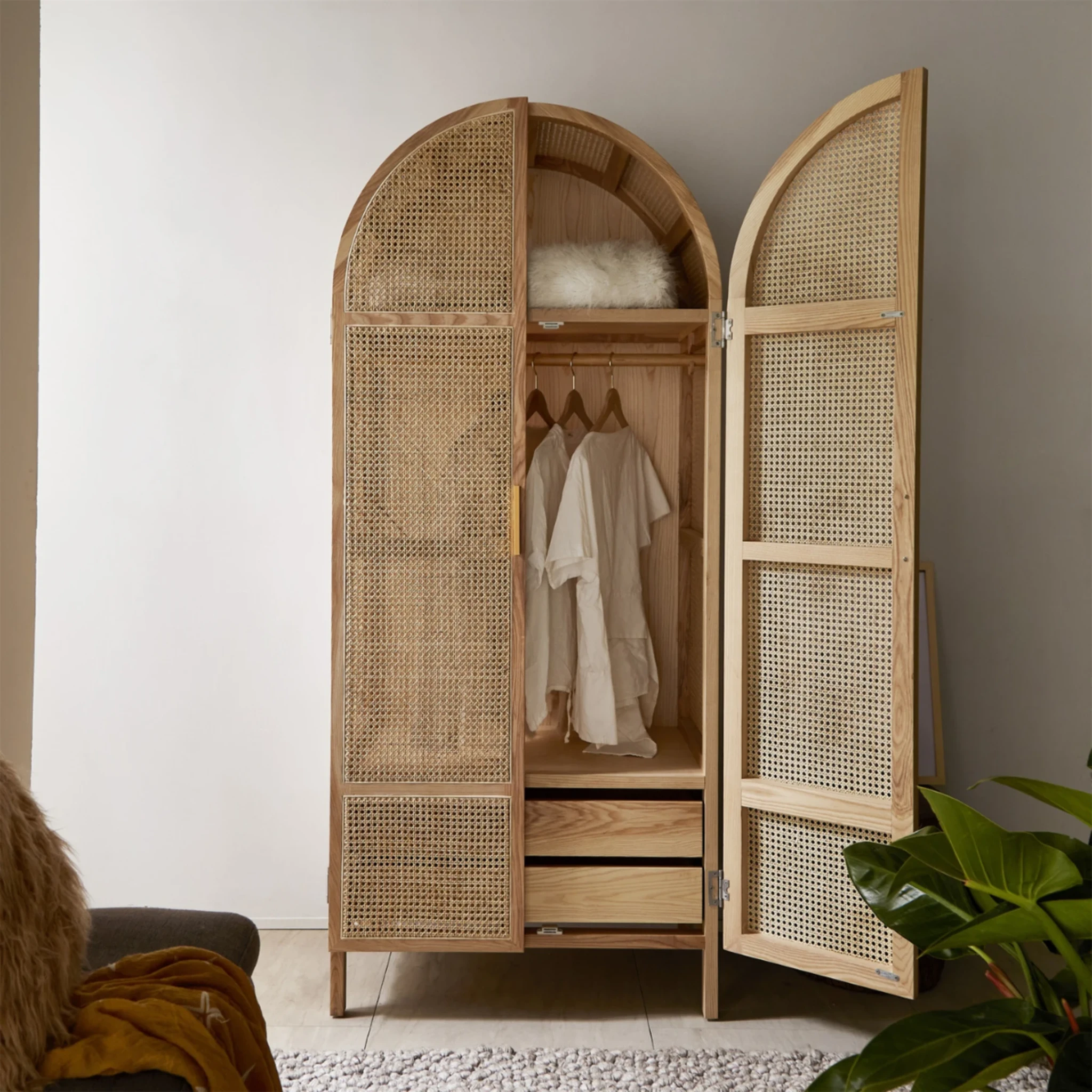BohoBoho Costa Solid Wood & Rattan Wardrobe, Natural Wood, 85x55x200cm