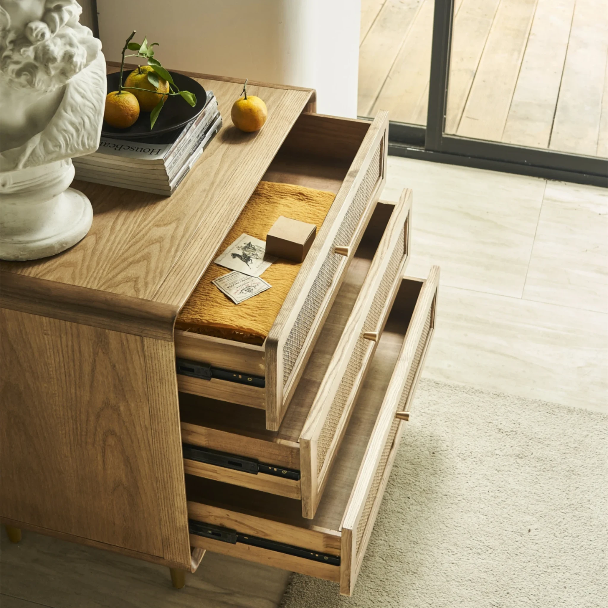 BohoBoho Laxo Solid Wood & Rattan Chest of 3 drawers, Natural Wood, 80x50x80cm