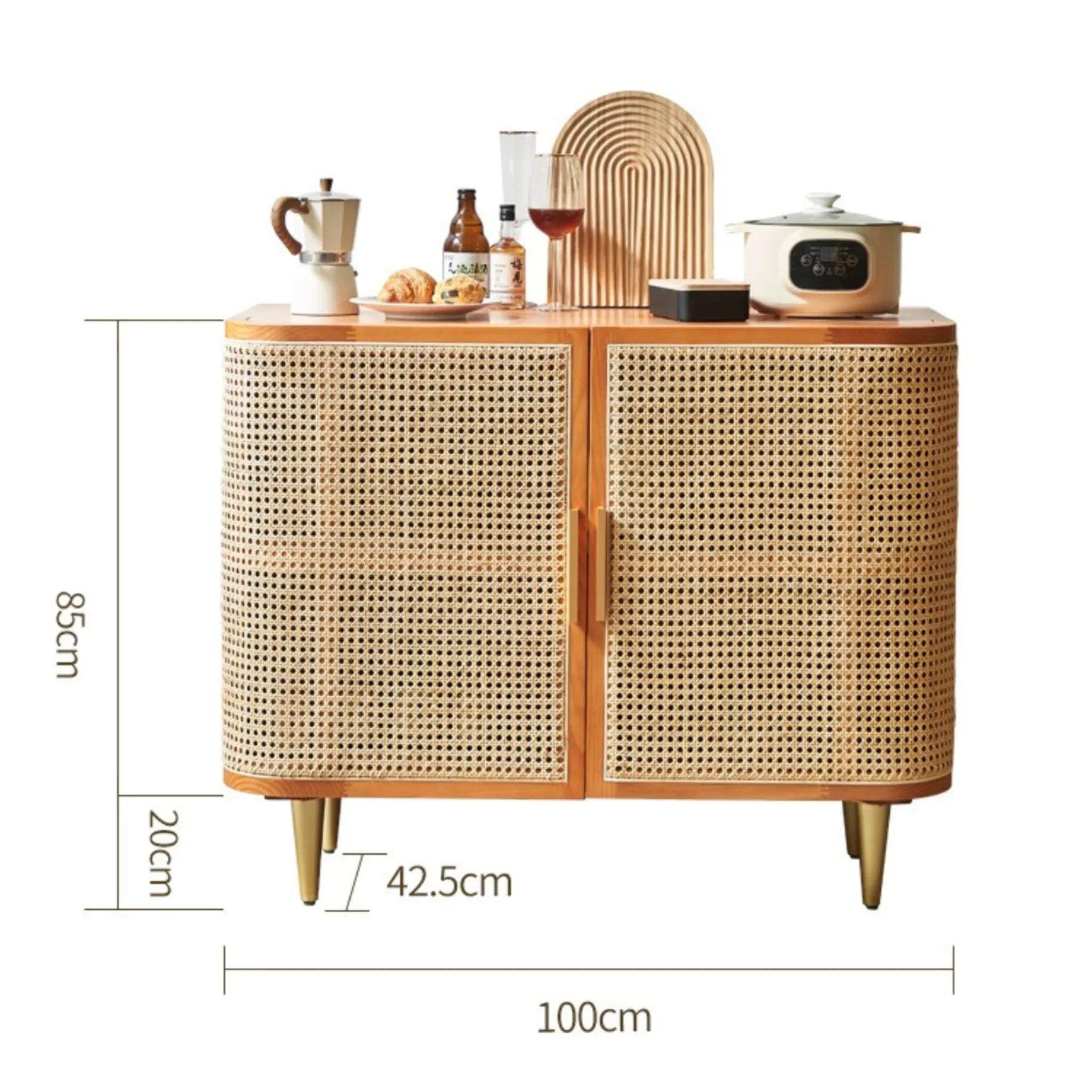 BohoBoho Luna Solid Wood & Rattan Curved Sideboard, Dark Wood, 100x42.5x85cm