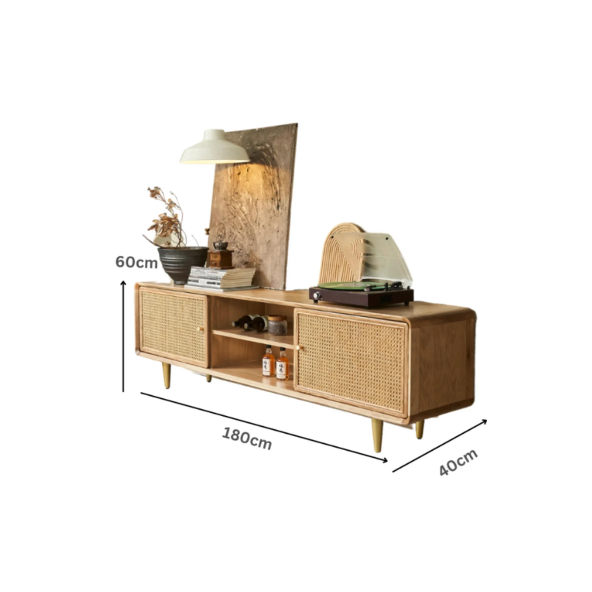 BohoBoho Laxo Solid Wood & Rattan TV unit, Natural Wood, 180x40x60cm