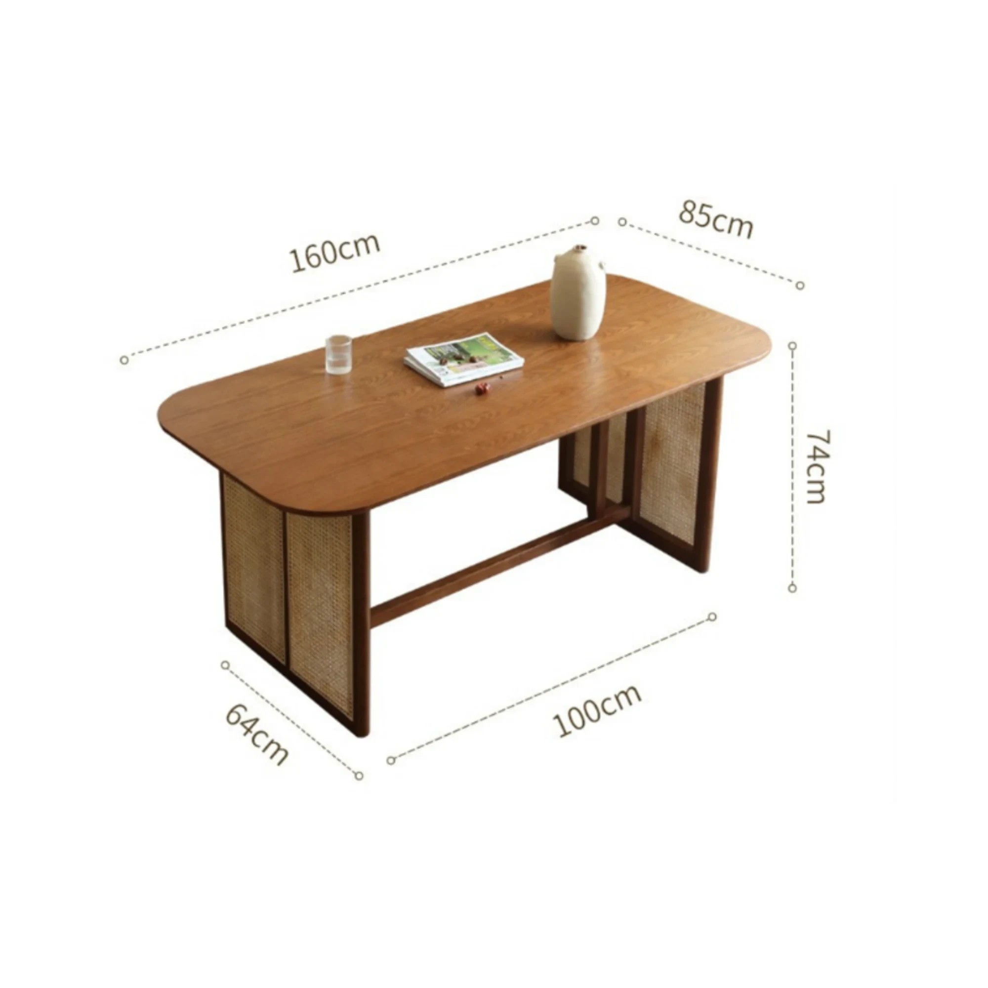 BohoBoho Monte Solid Wood & Rattan Dining Table, Natural Wood, 160x85x74cm