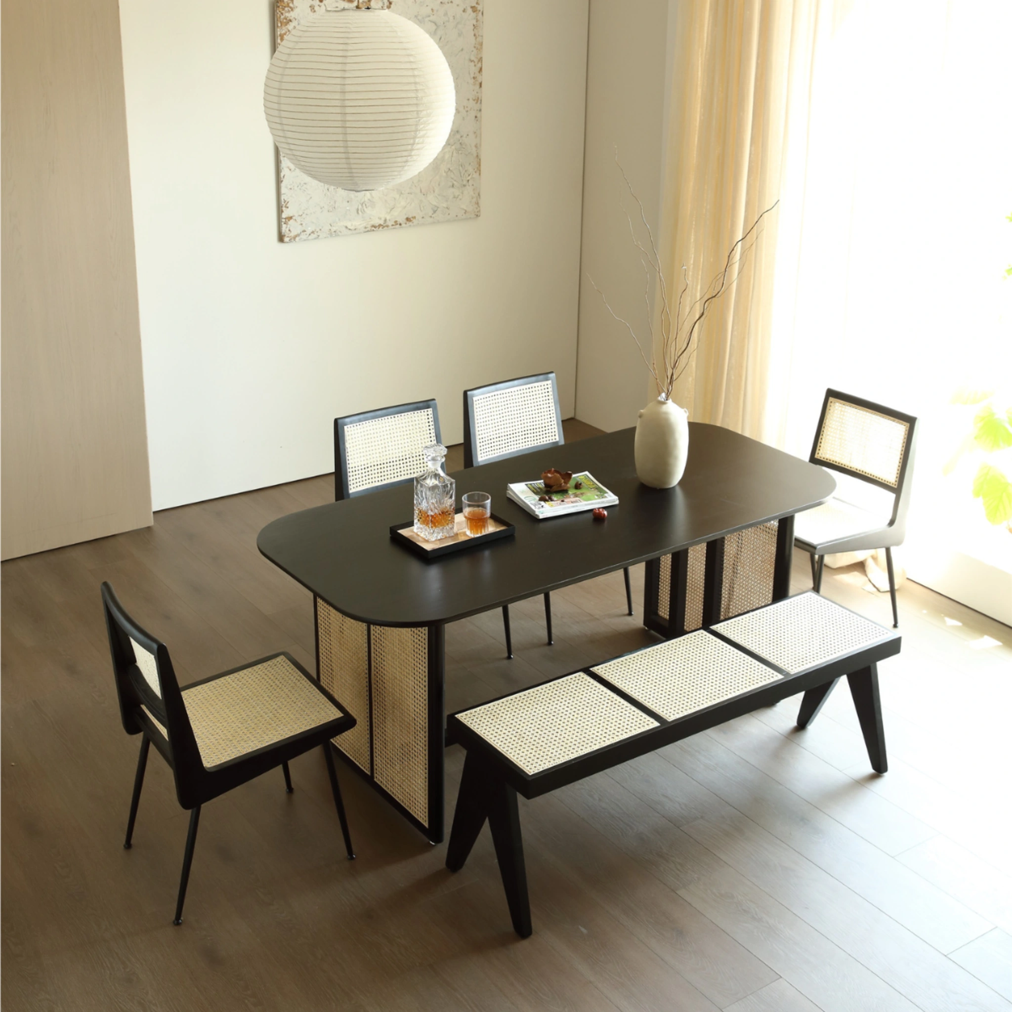 BohoBoho Monte Solid Wood & Rattan Bench, Black