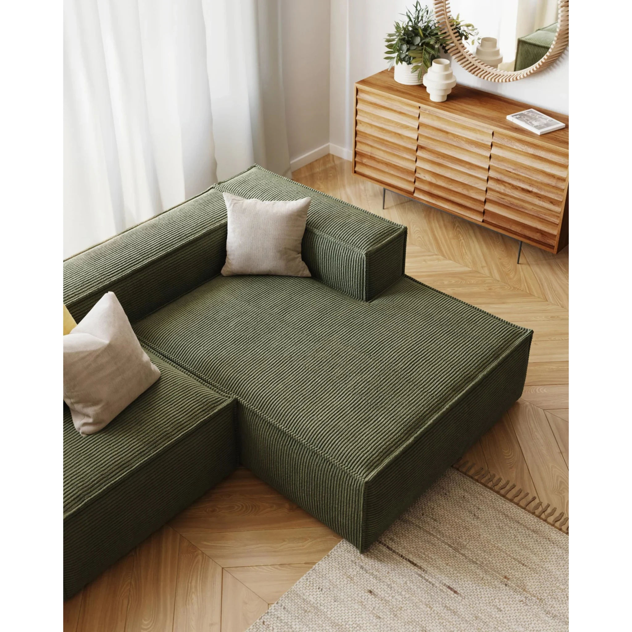 Kave Home Blok 2-Seat Modular Sofa with Right Chaise, Corduroy, Green