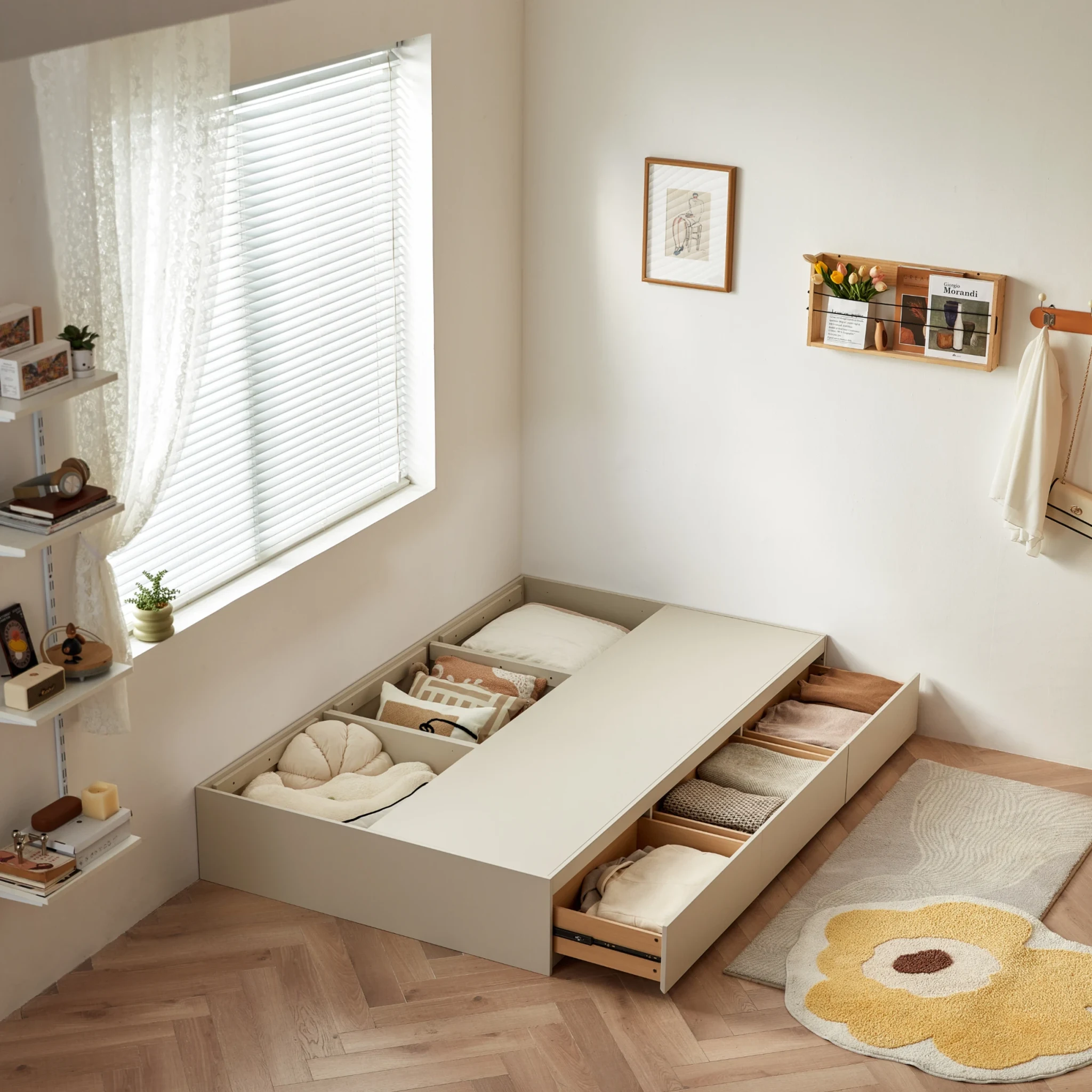 Linspire Lattice Global Double Bed Base with Drawers and Storage Cabinet, Light Grey & Natural Wood