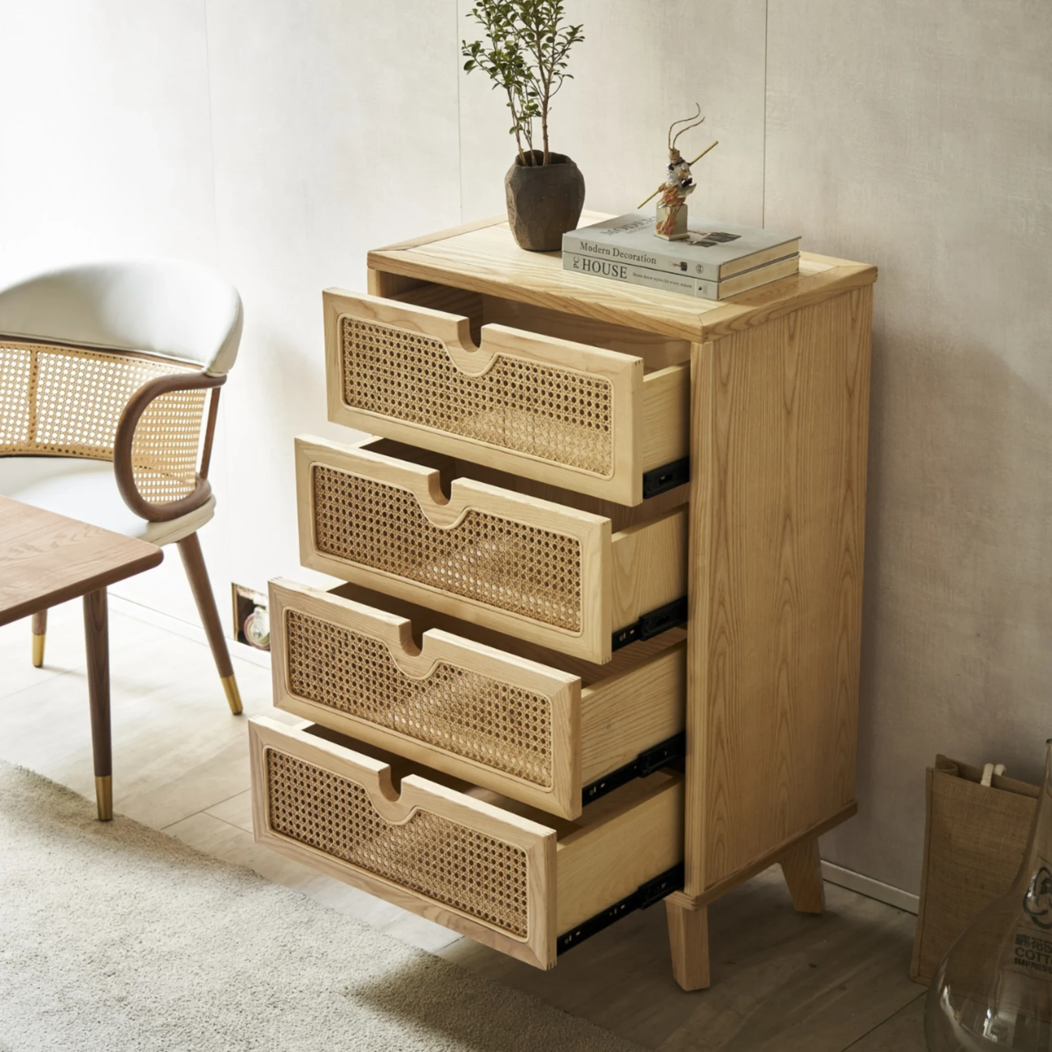 BohoBoho Ora Solid Wood & Rattan Chest of 4 drawers, Natural Wood, 60x40x115cm