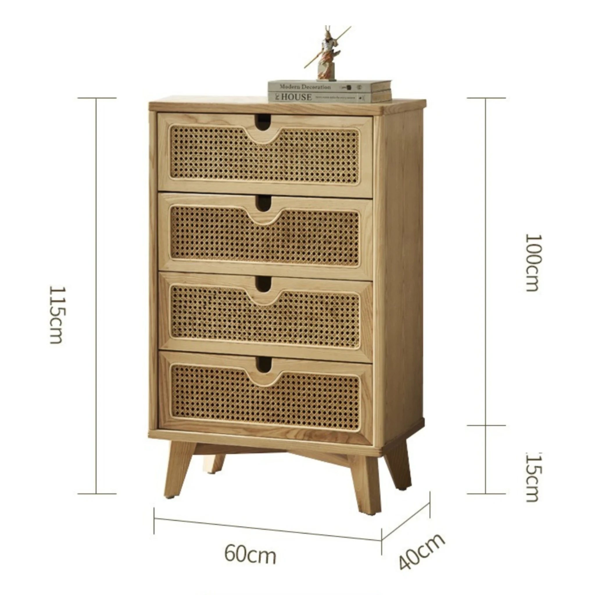 BohoBoho Ora Solid Wood & Rattan Chest of 4 drawers, Natural Wood, 60x40x115cm