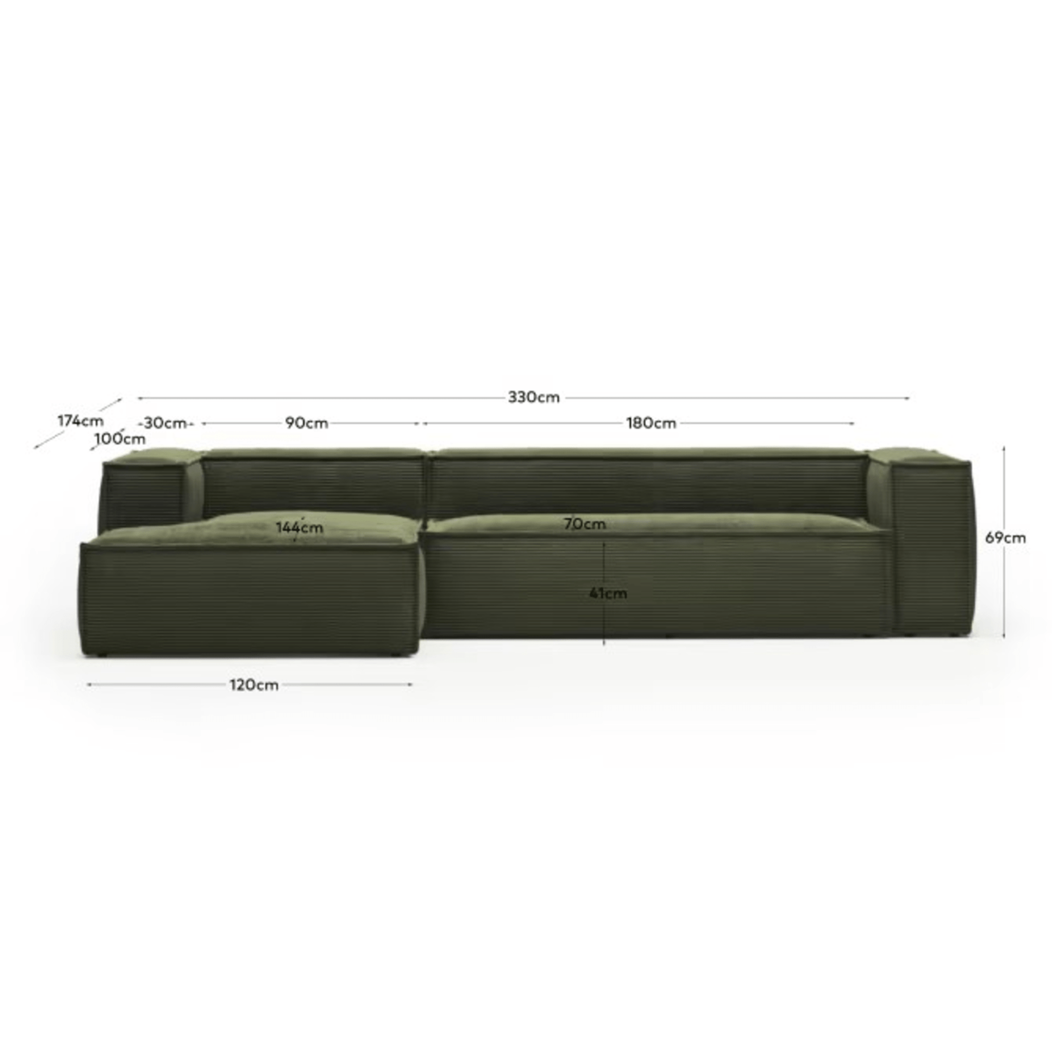 Kave Home Blok 4-Seat Modular Sofa with Left Chaise, Corduroy, Green