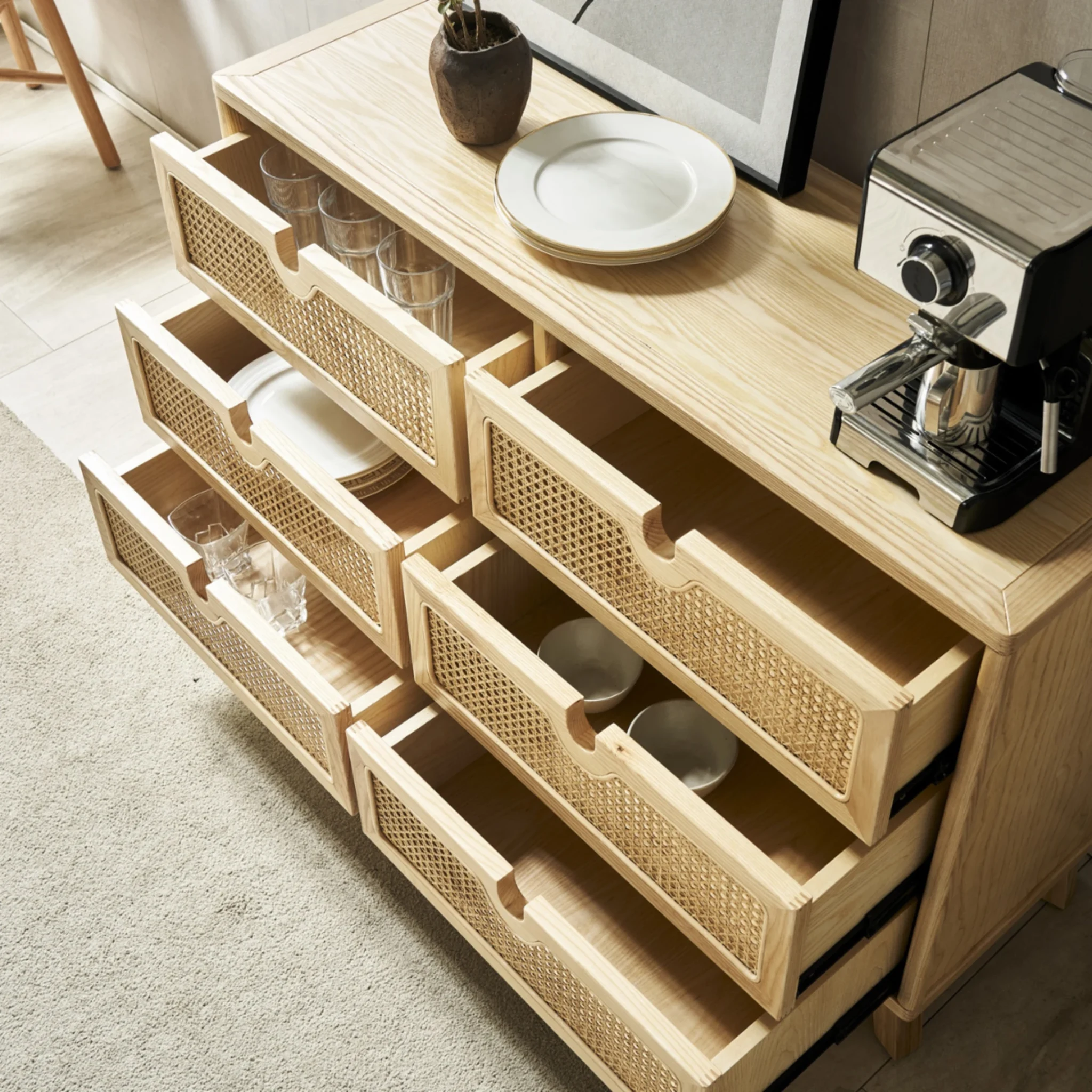 BohoBoho Ora Solid Wood & Rattan Chest of 6 drawers, Natural Wood, 120x40x90cm