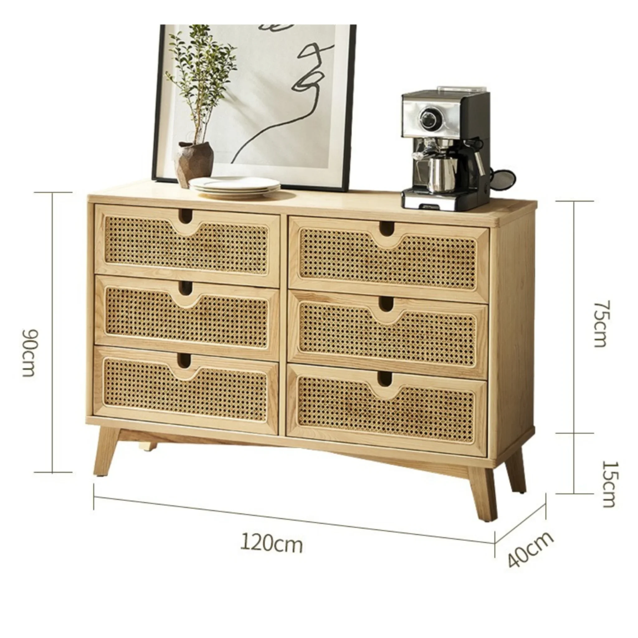 BohoBoho Ora Solid Wood & Rattan Chest of 6 drawers, Natural Wood, 120x40x90cm