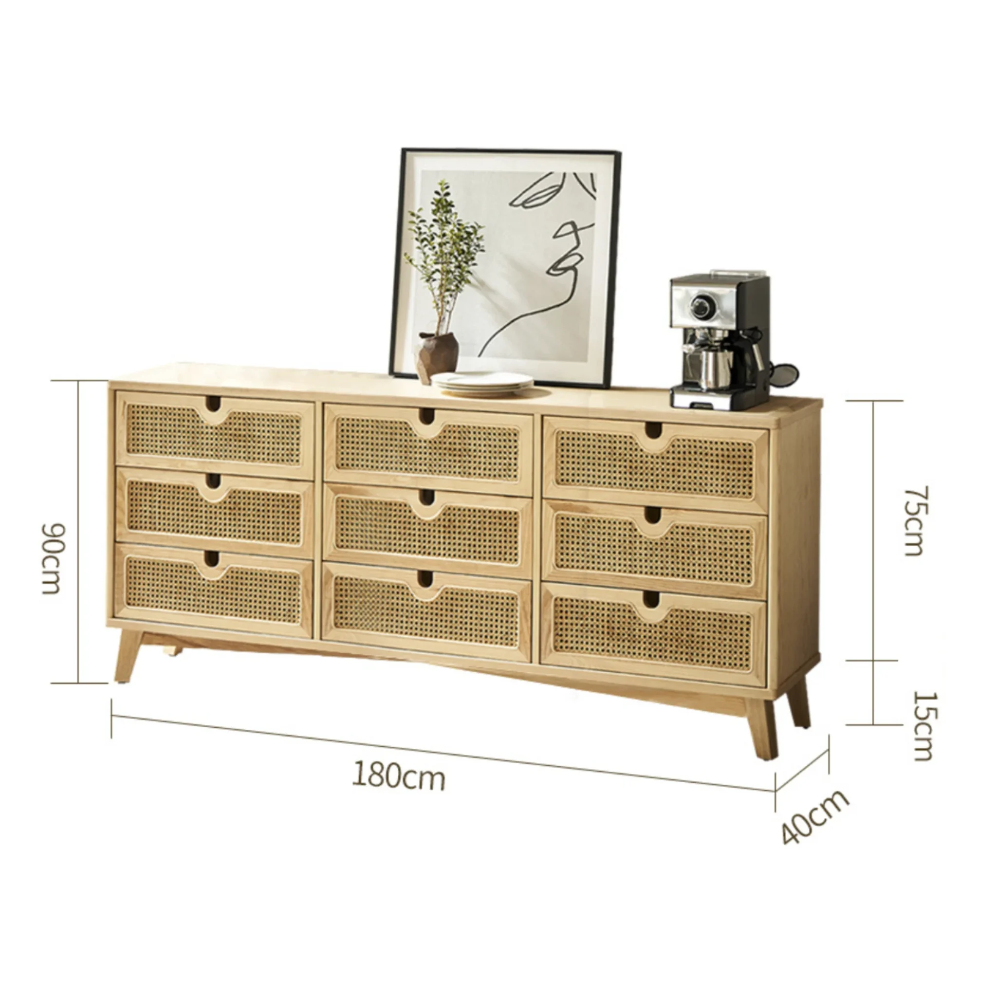 BohoBoho Ora Solid Wood & Rattan Chest of 9 drawers, Natural Wood, 180x40x90cm