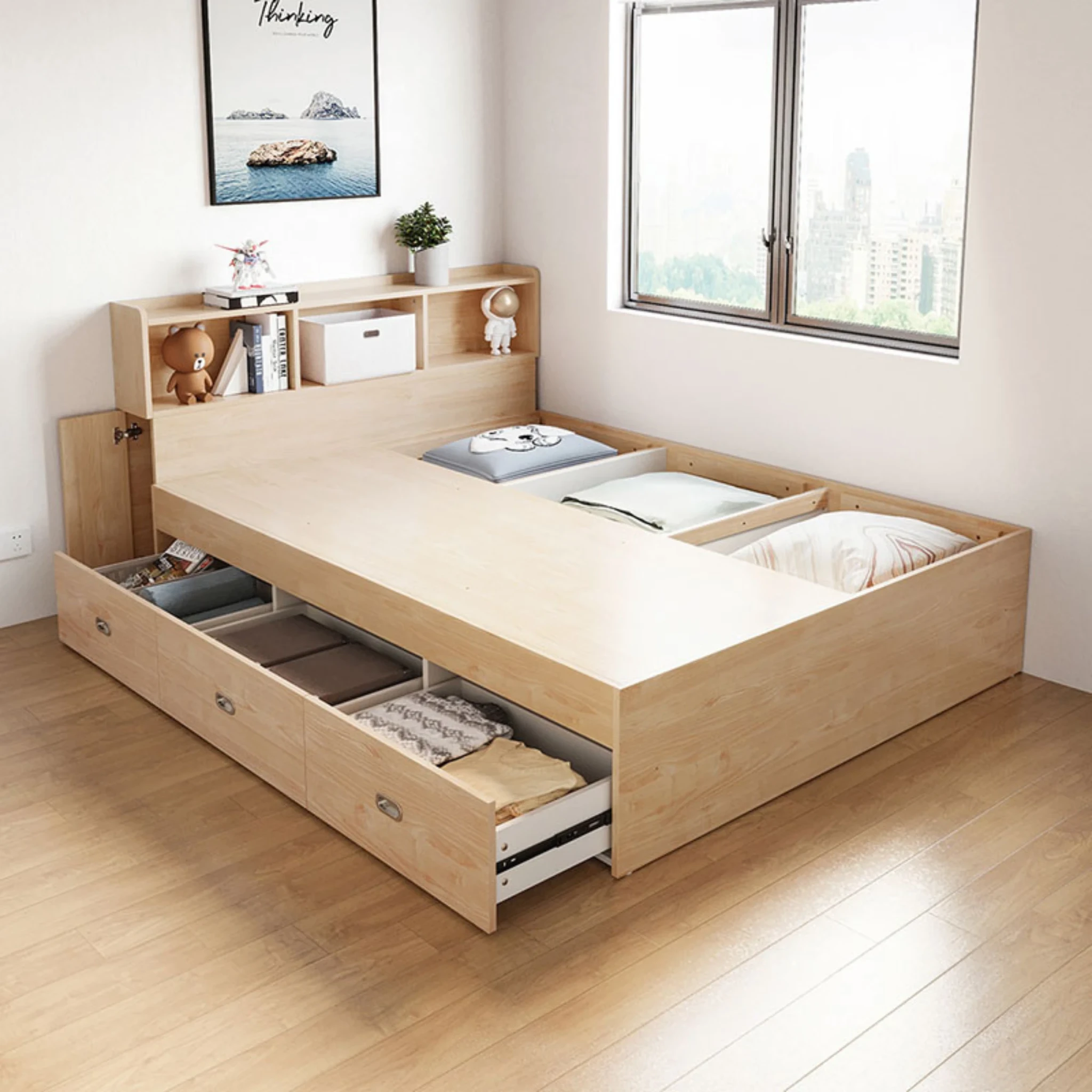 Linspire Royale Global Short Queen Bed Frame with Storage Headboard, Natural Wood