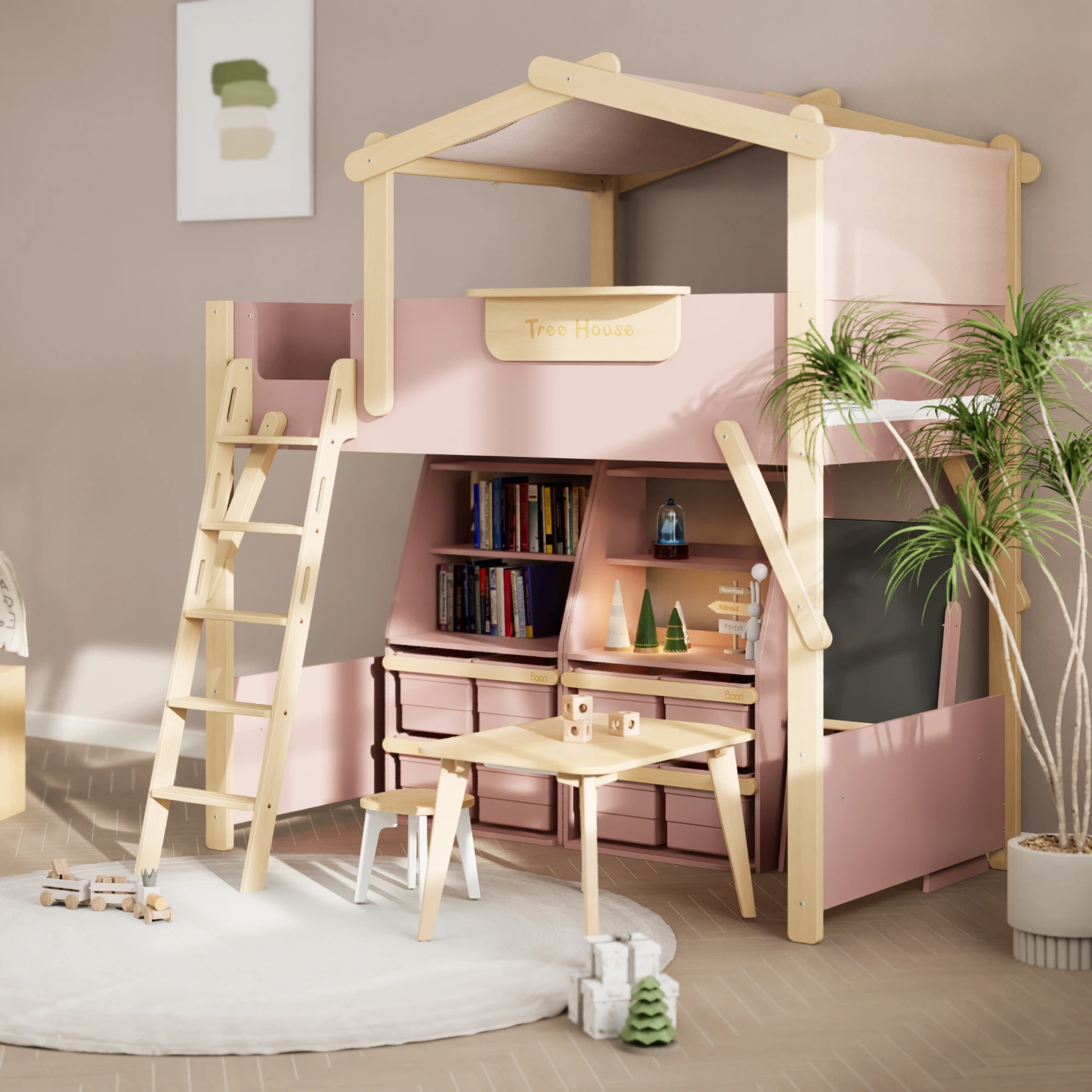 Boori Treehouse Kids NZ King Single Loft Bed + Roof Frame and Ladder with Tent Canopy, Cherry
