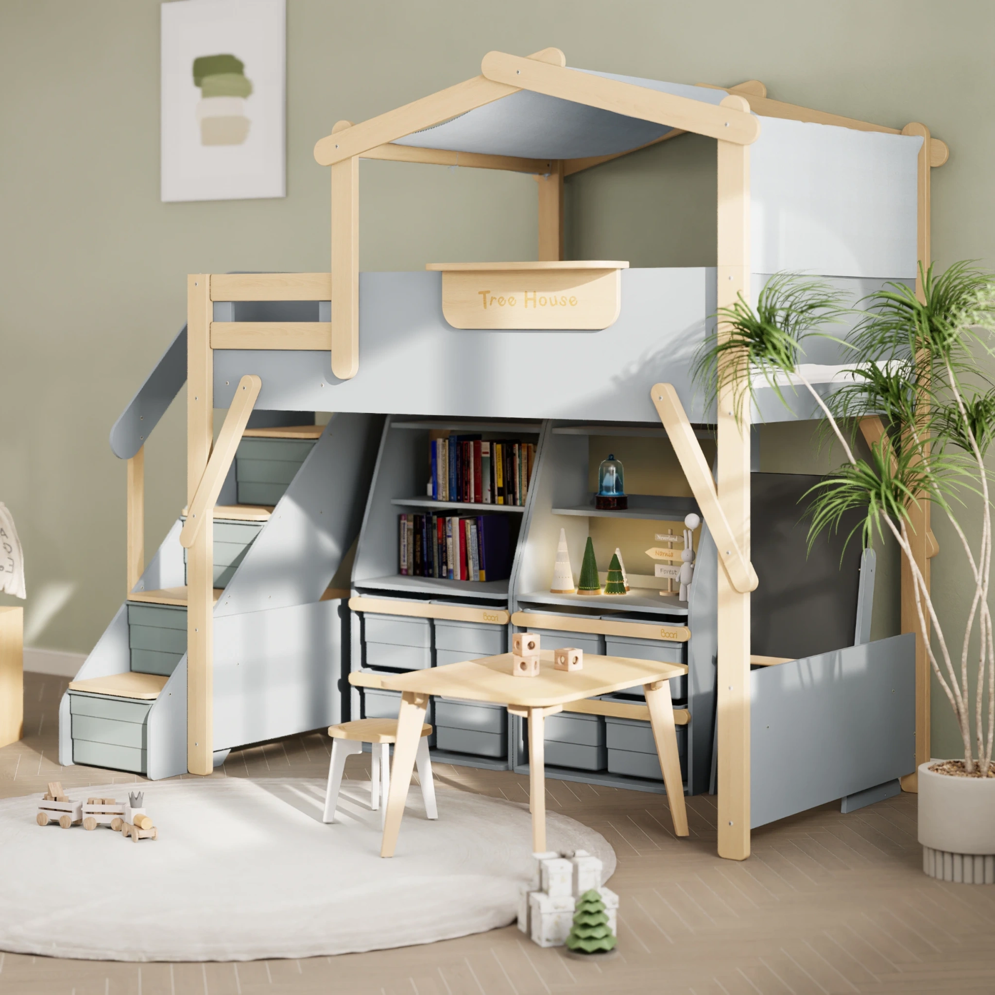 Boori Treehouse Kids NZ King Single Loft Bed + Roof Frame and Storage Staircase with Tent Canopy, Blueberry