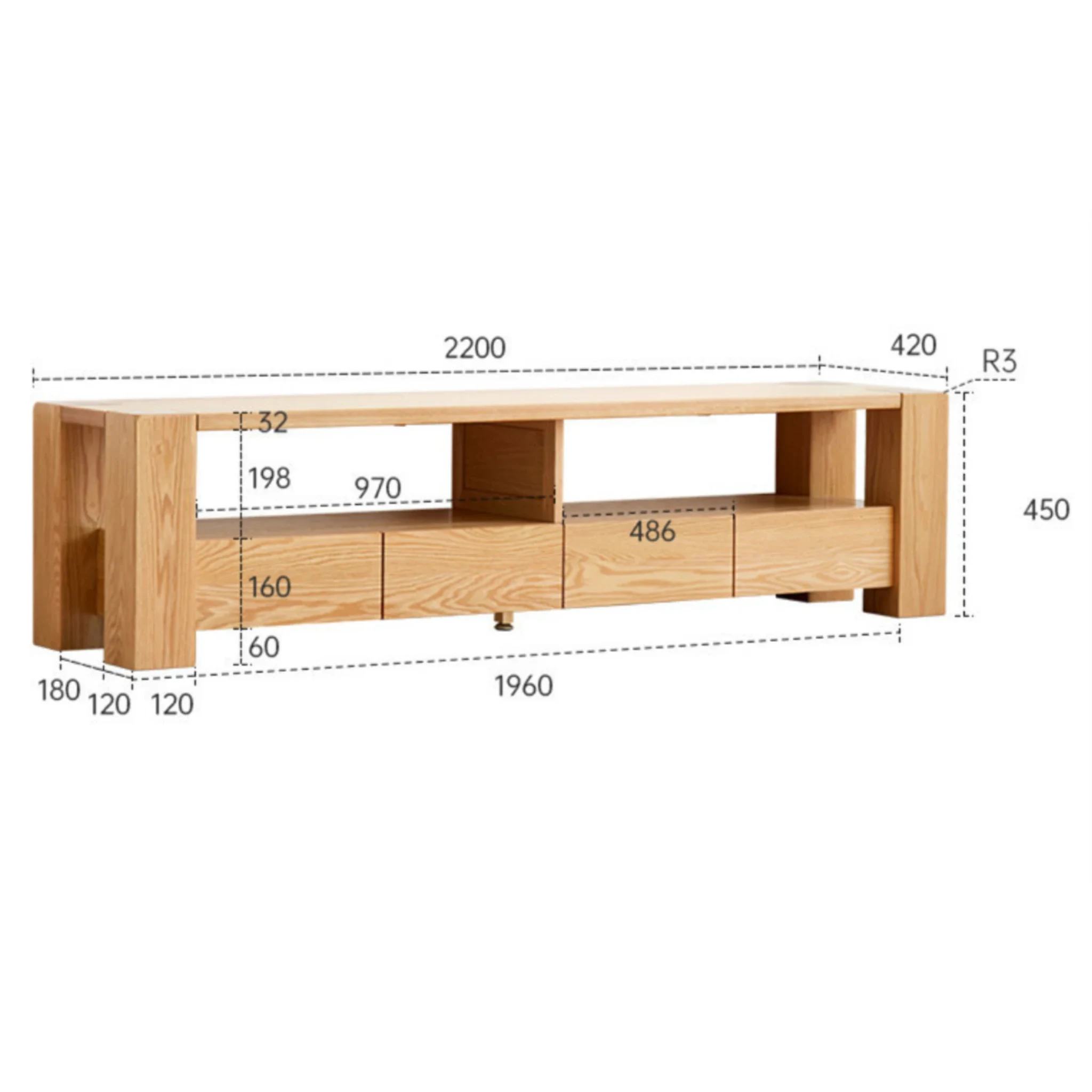 Solidwood Rayden TV Stand, 220x42CM, Natural Wood