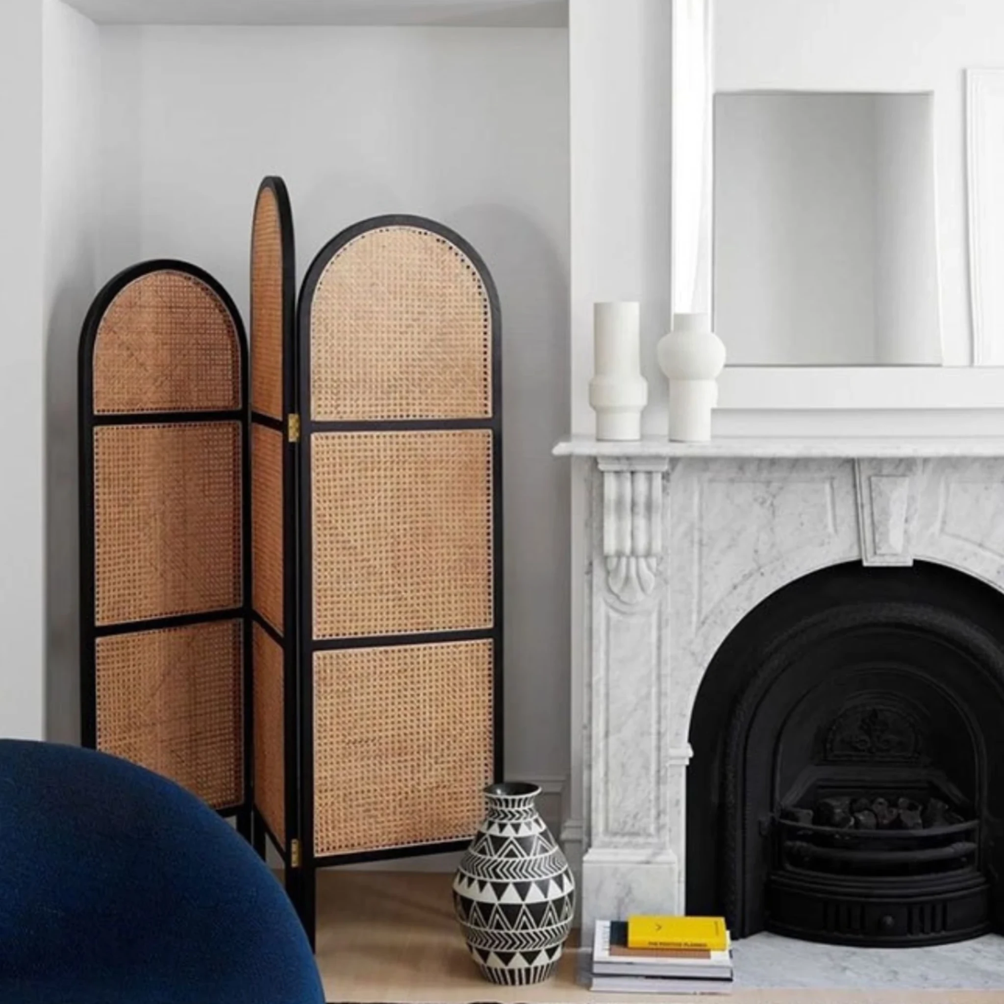 BohoBoho Tranquilo Solid Wood & Rattan Folding Screen, Black, 150x3x200cm