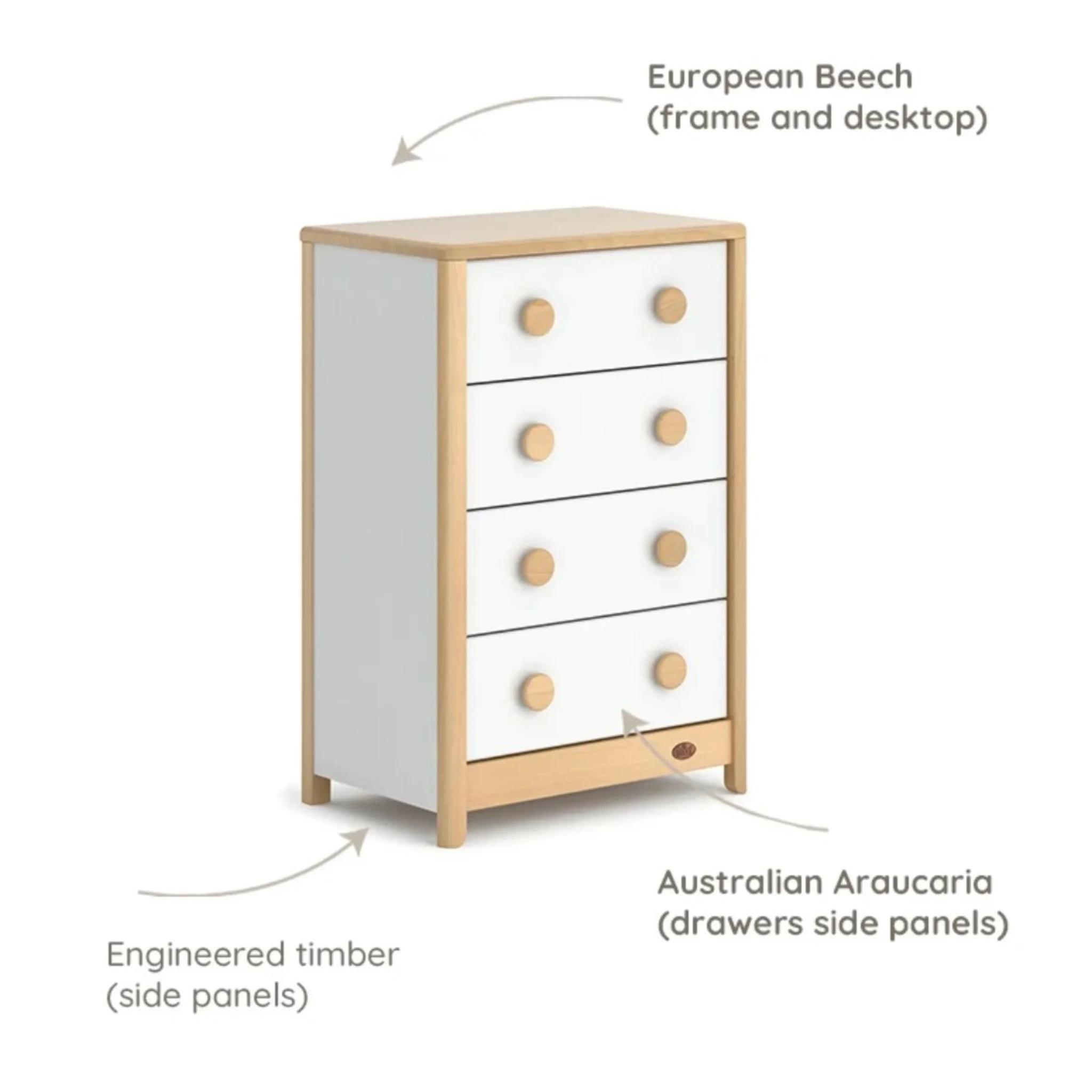 Boori Byron Kids 4 Drawer Chest, Barley White
