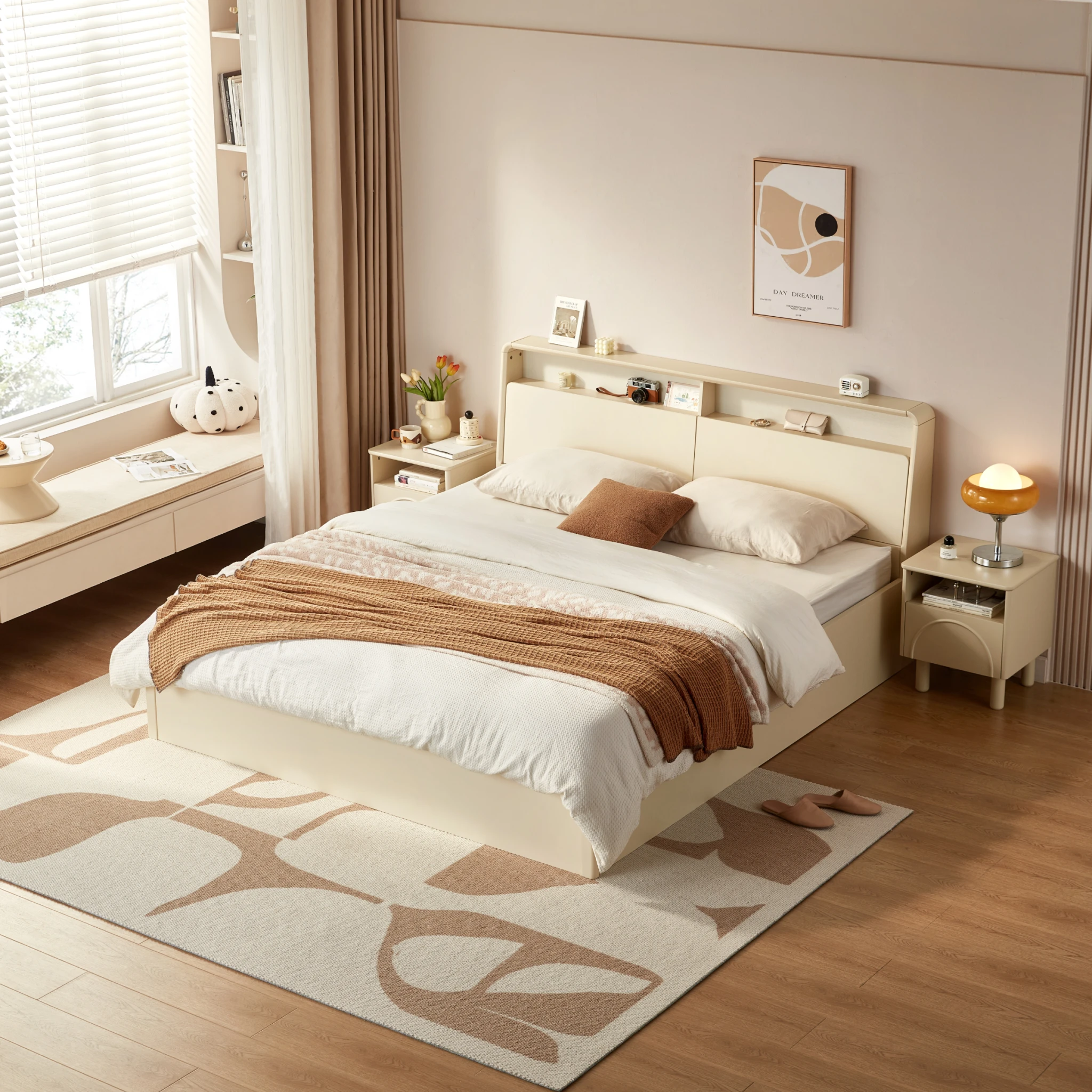 Linspire Aspire Global Queen Bed Frame with Storage, Creamy White