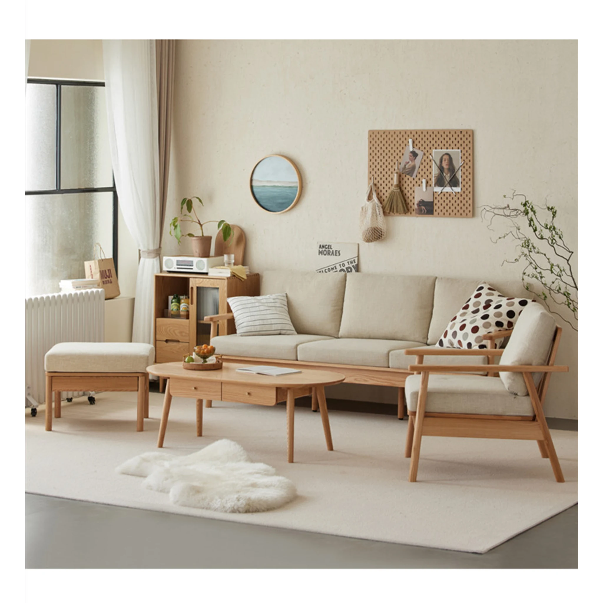 Solidwood Seattle 1-Seater Sofa, Beige & Natural Wood